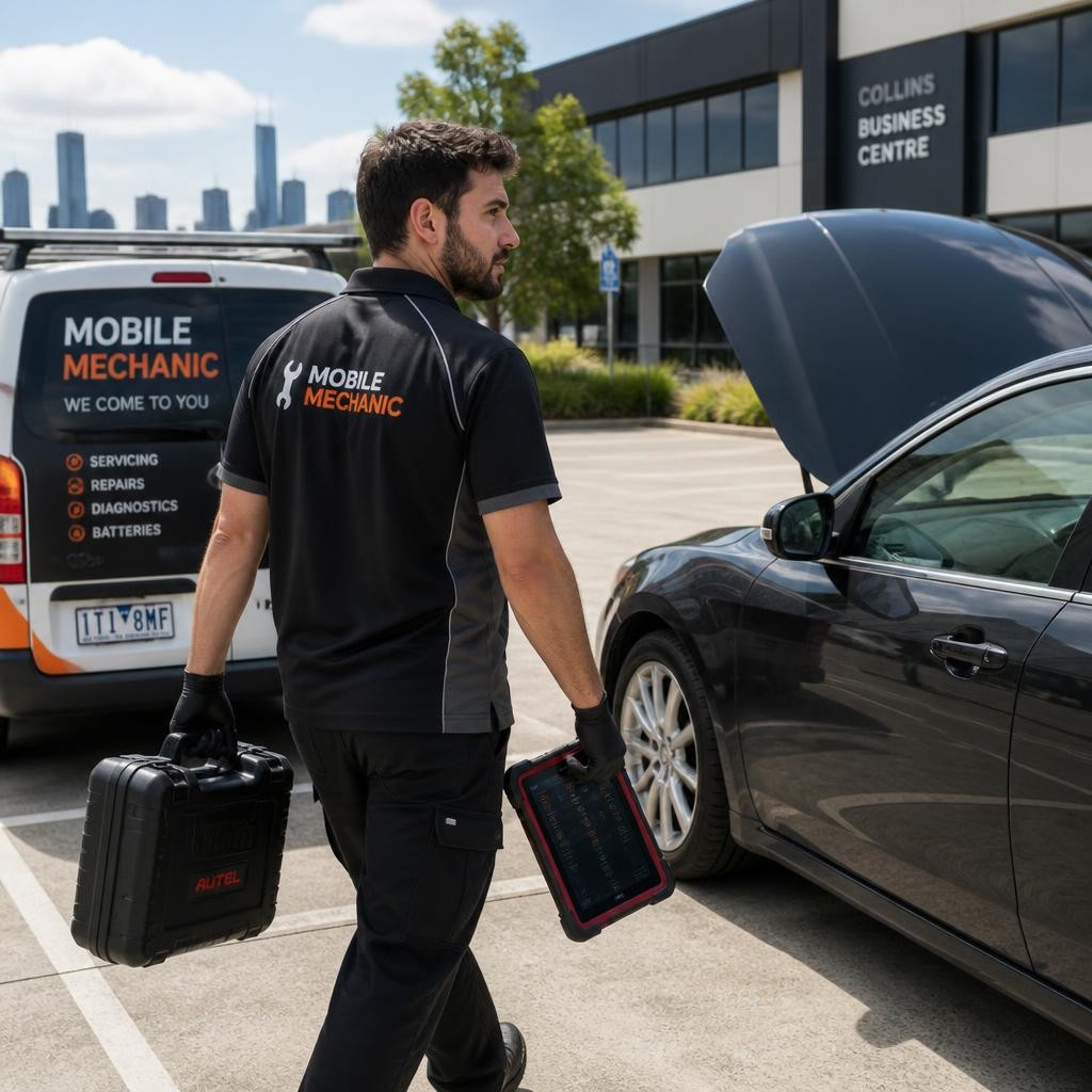 Mobile mechanic servicing a car at a Melbourne workplace