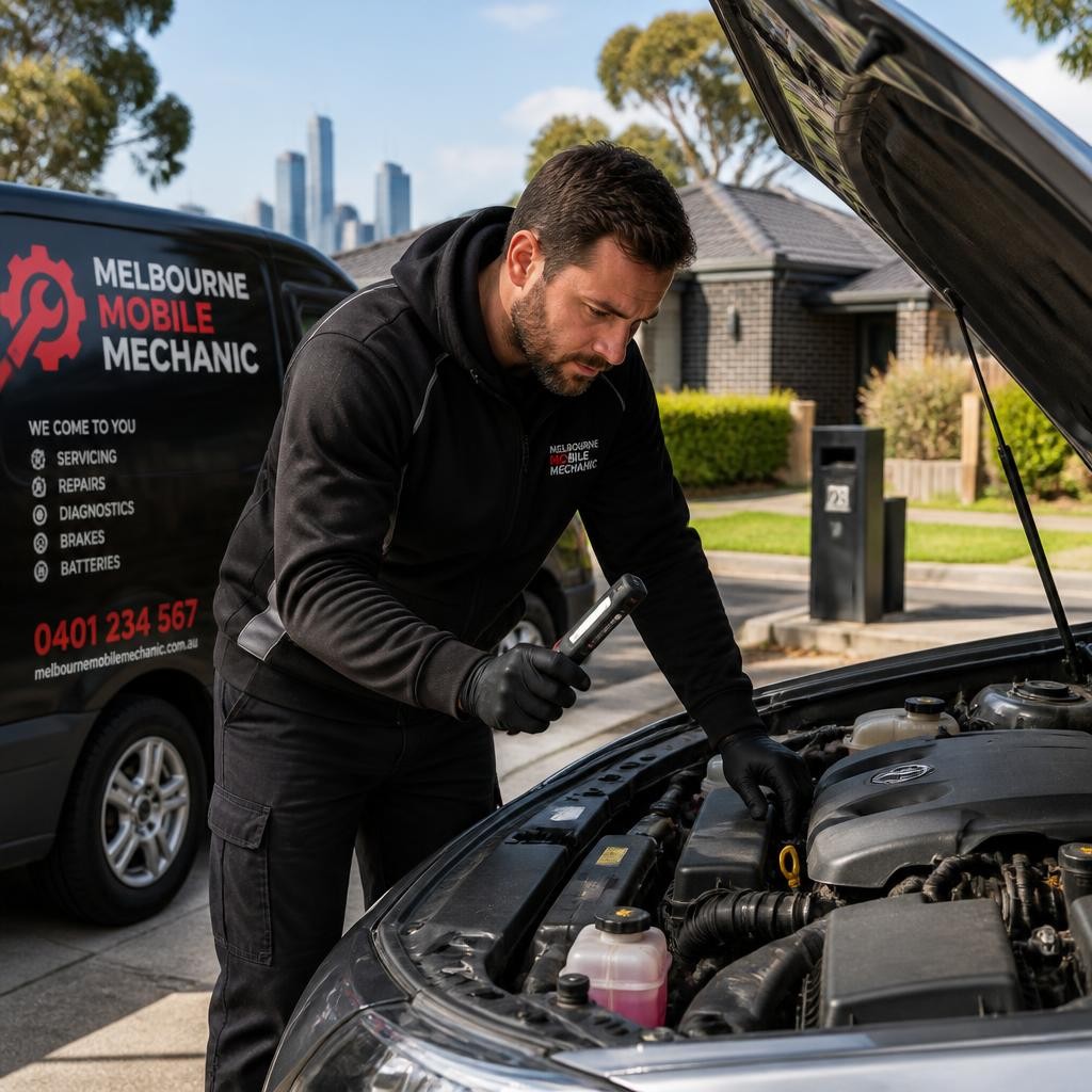 Mobile mechanic inspecting a car engine at a Melbourne property