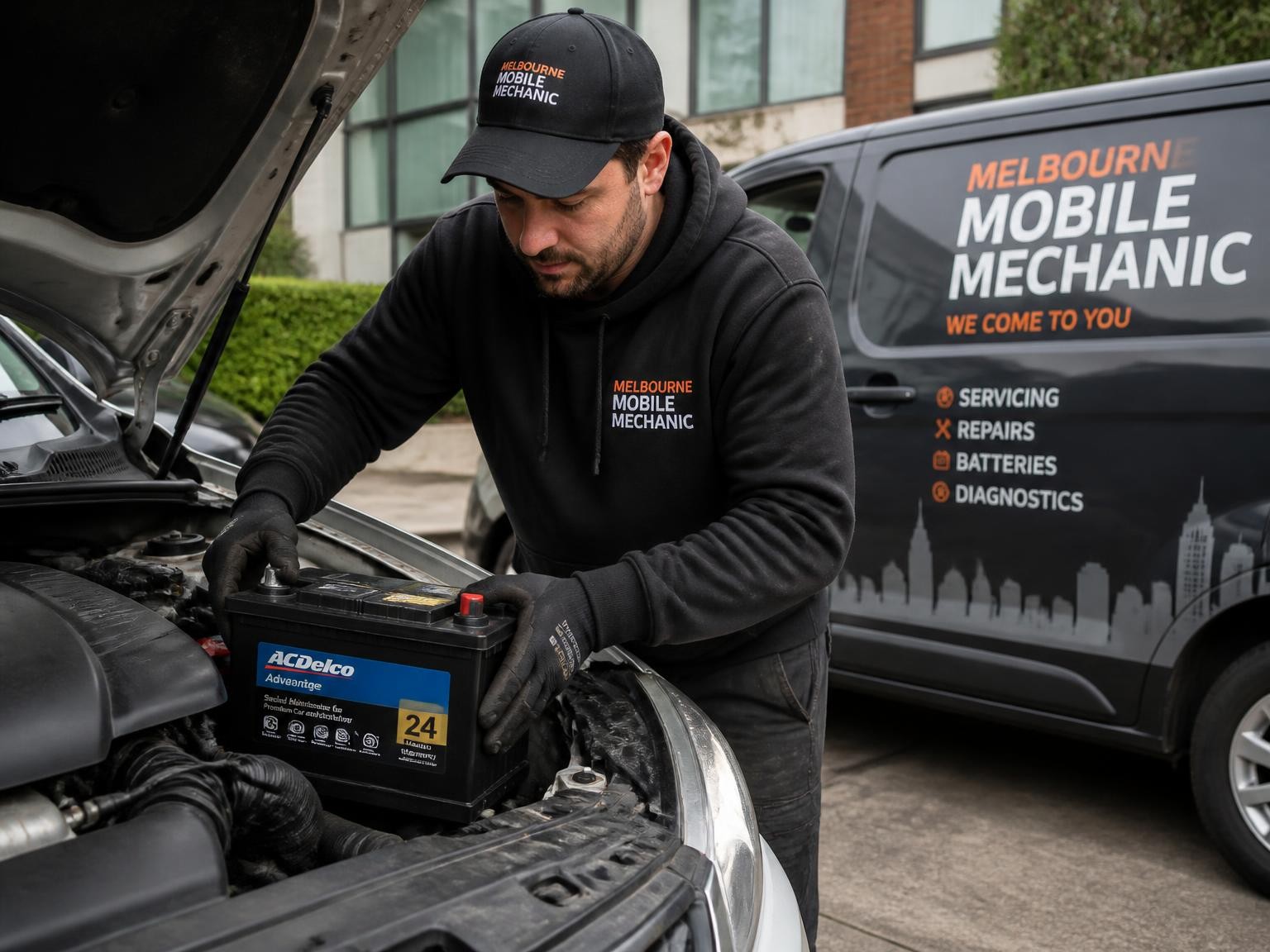 Mobile mechanic replacing a car battery onsite in Melbourne