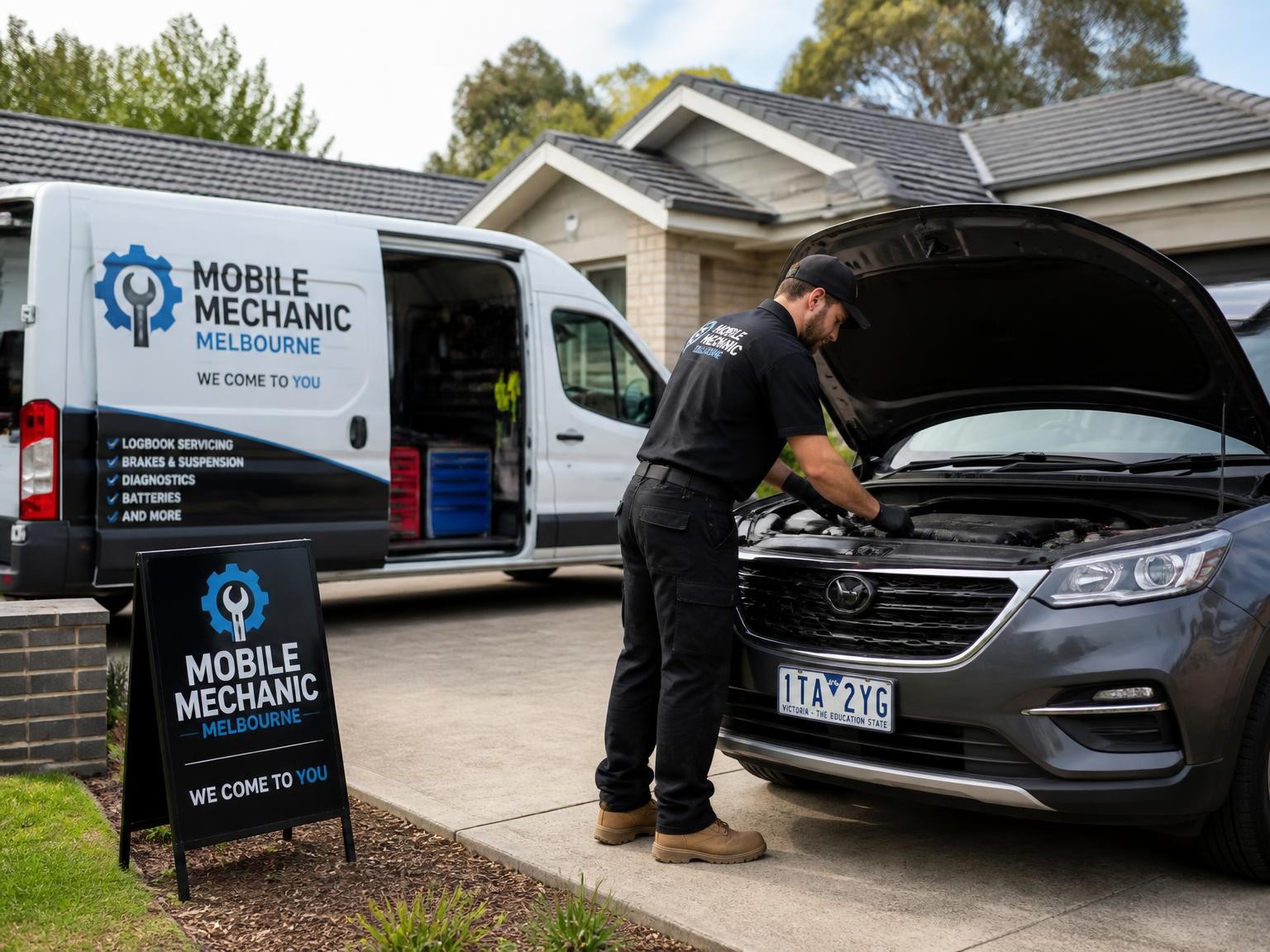 Mobile mechanic servicing a car in a Melbourne driveway