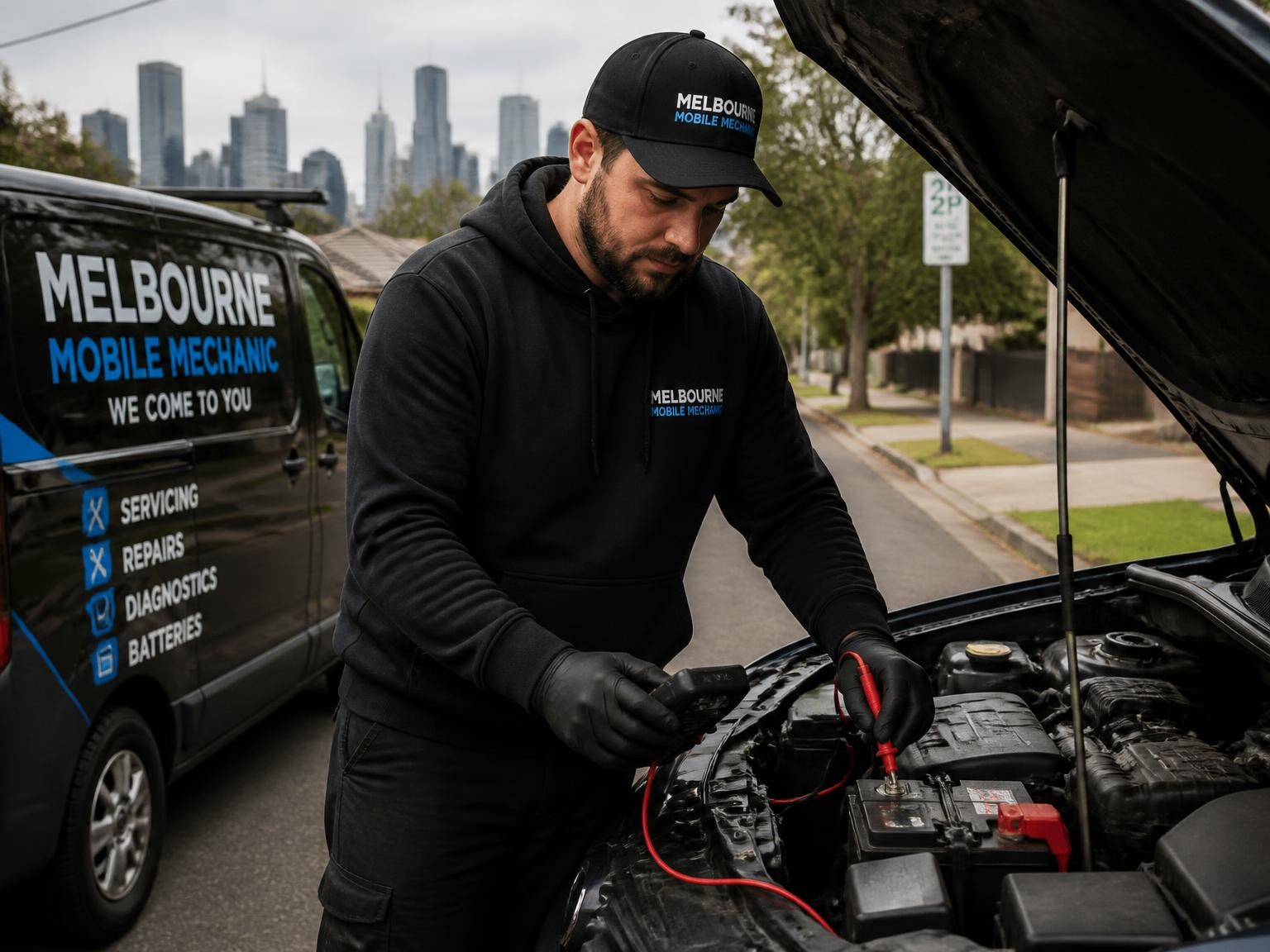 Mobile mechanic checking a vehicle electrical system
