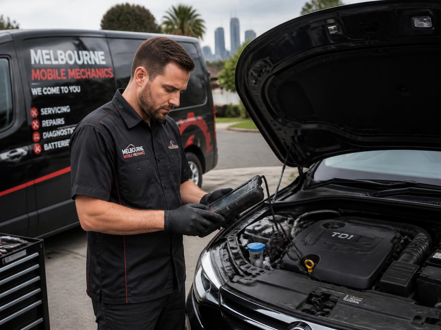 Mobile mechanic diagnosing a car fault onsite