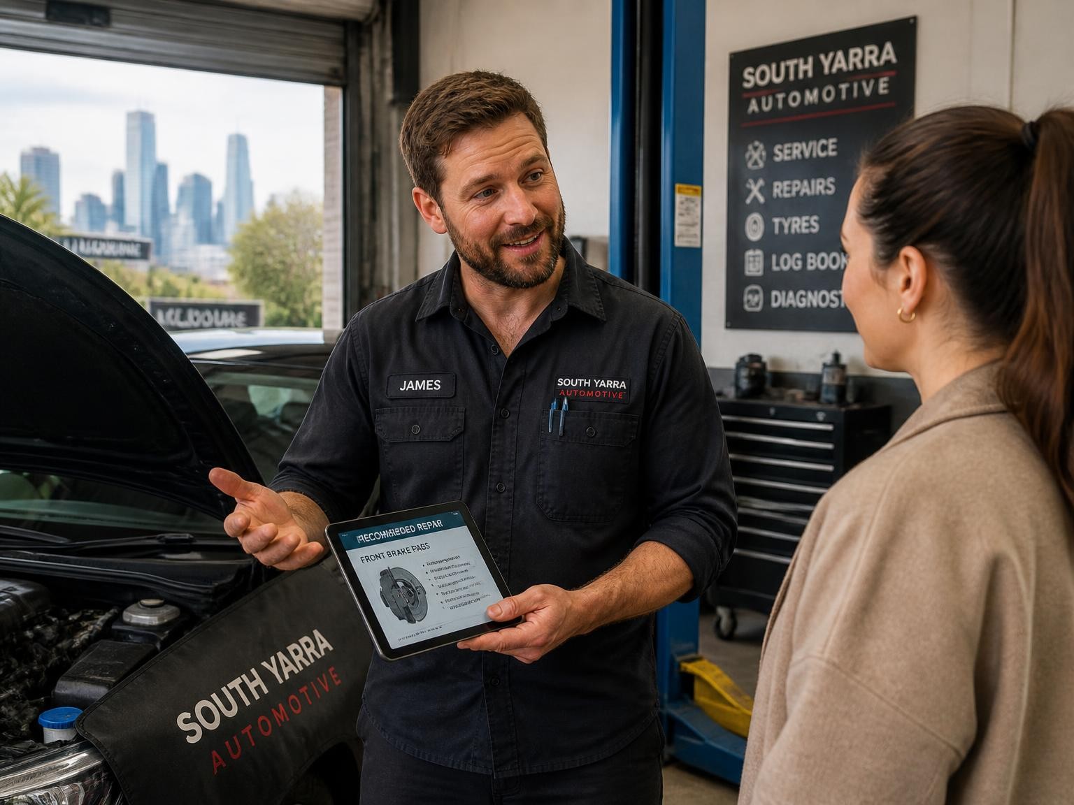 Mechanic explaining car repairs and pricing to a customer