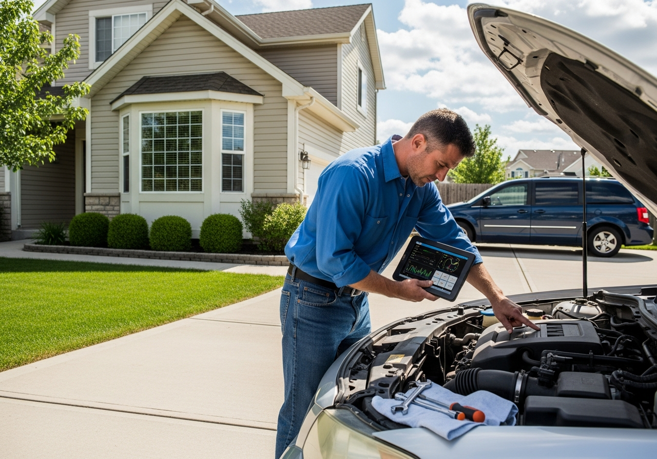 Mechanic diagnosing car