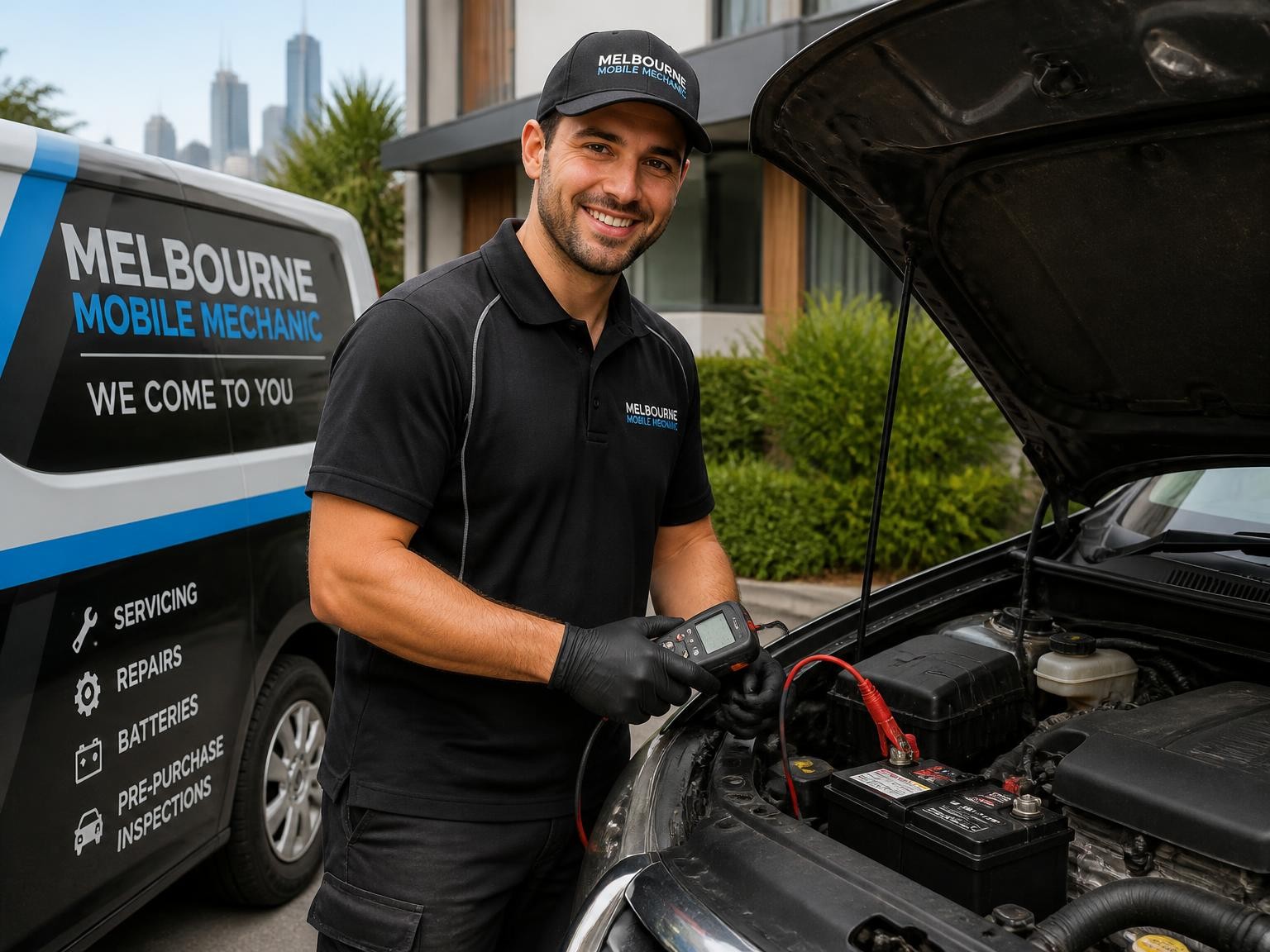 Mobile mechanic testing a vehicle battery onsite