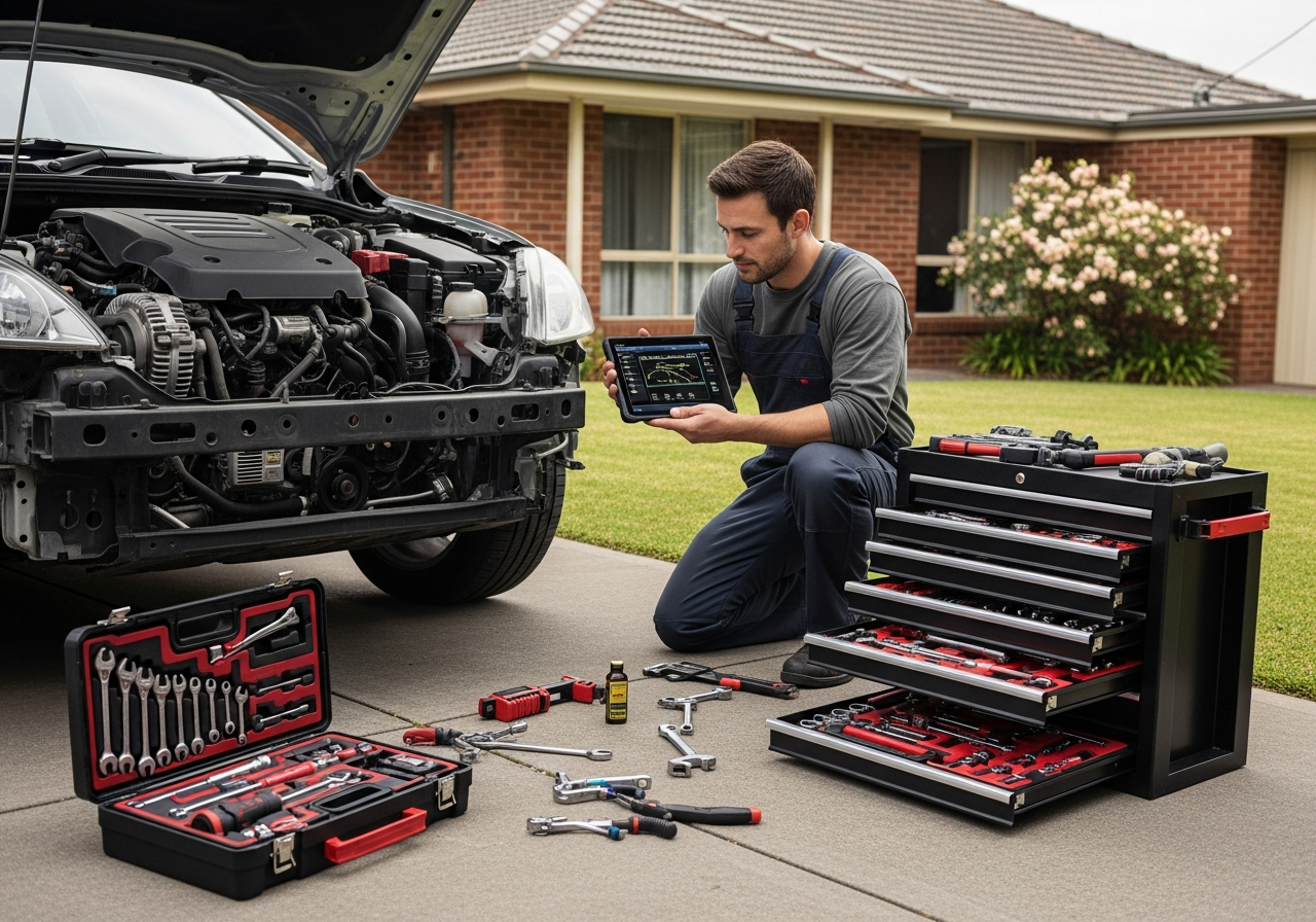 Mechanic with diagnostic tablet