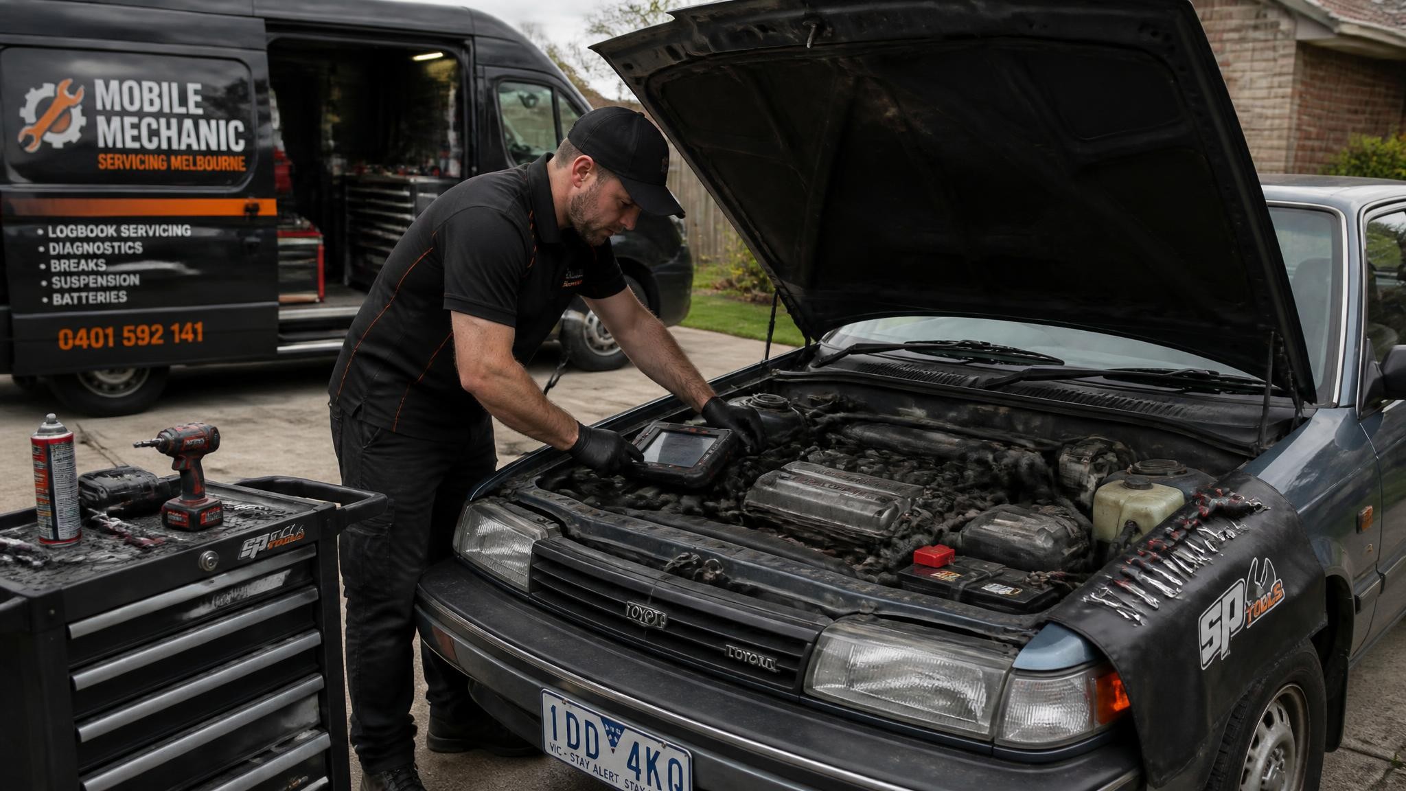 Mobile mechanic diagnosing an old car in Melbourne