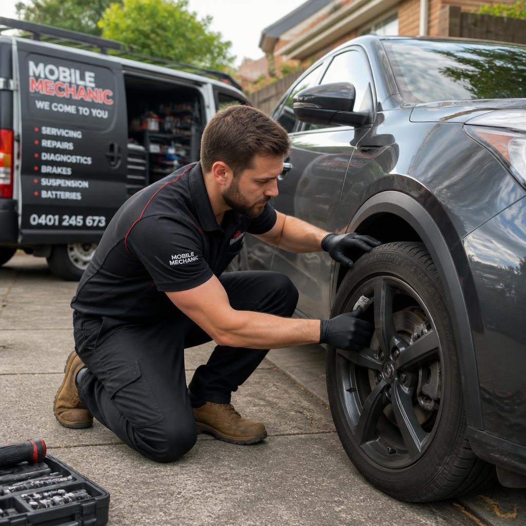 Qualified mobile mechanic inspecting a vehicle at a Melbourne driveway