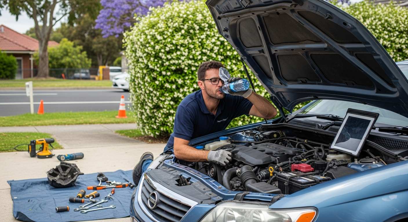 Onsite car repair mechanic working on engine