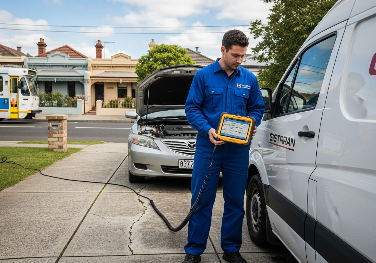 Mechanic using diagnostic scanner