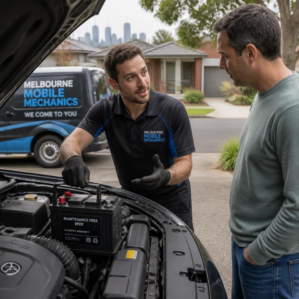 Mobile mechanic replacing a car battery at home