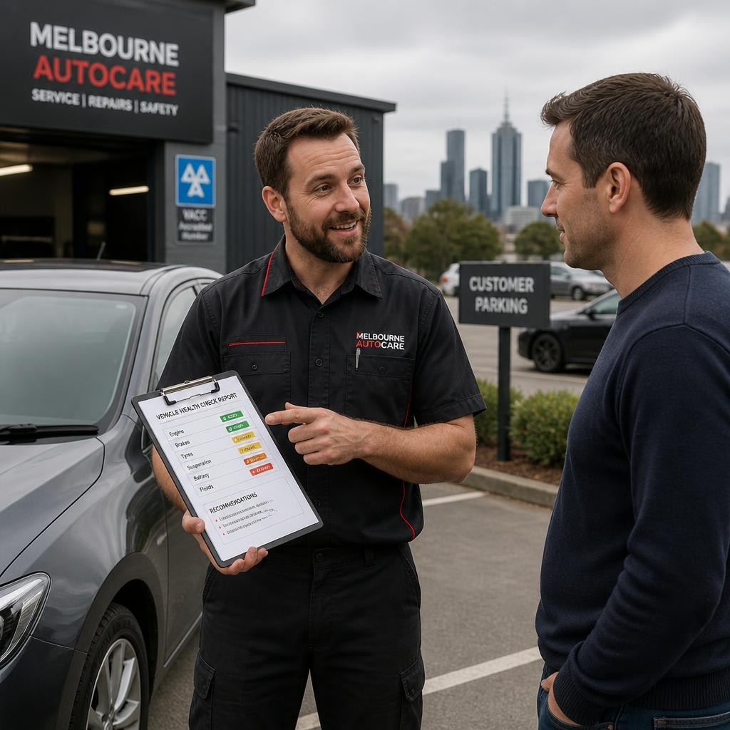 Mechanic explaining car servicing to a Melbourne customer