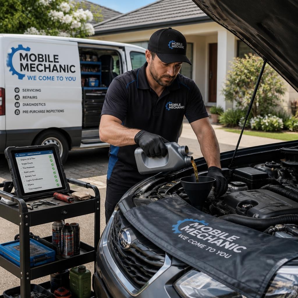 Mechanic performing mobile car servicing at a customer location