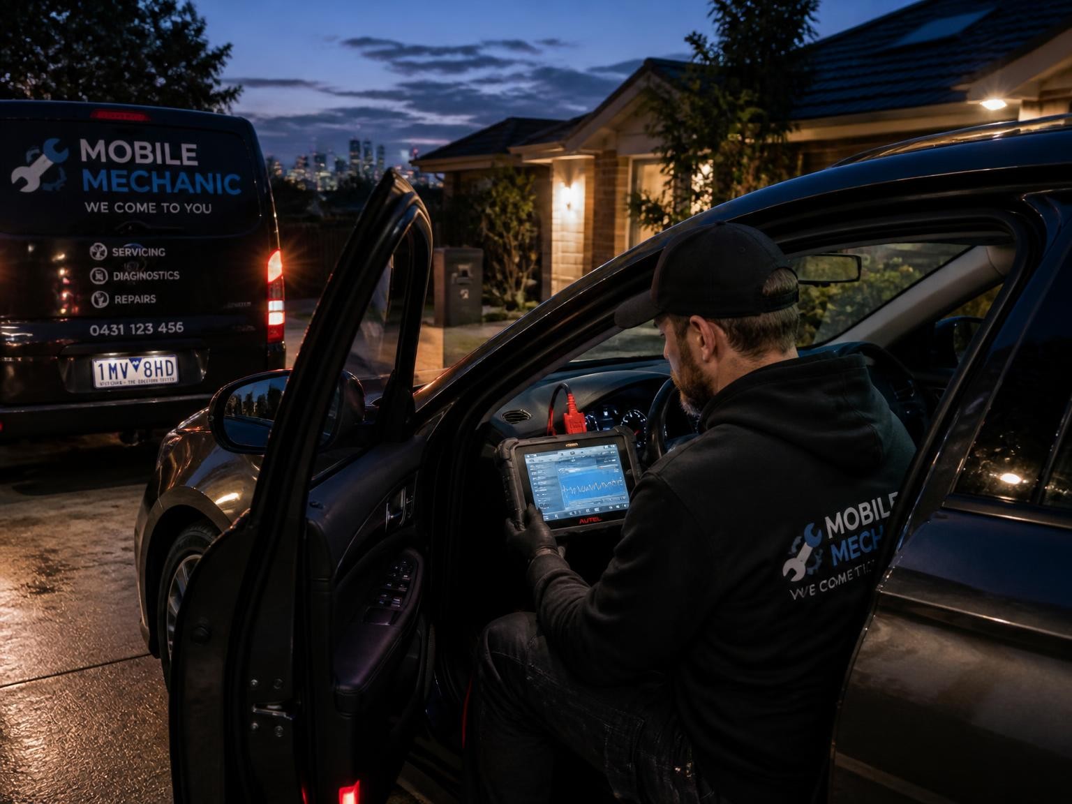Mobile mechanic carrying out vehicle diagnostics at a Melbourne home