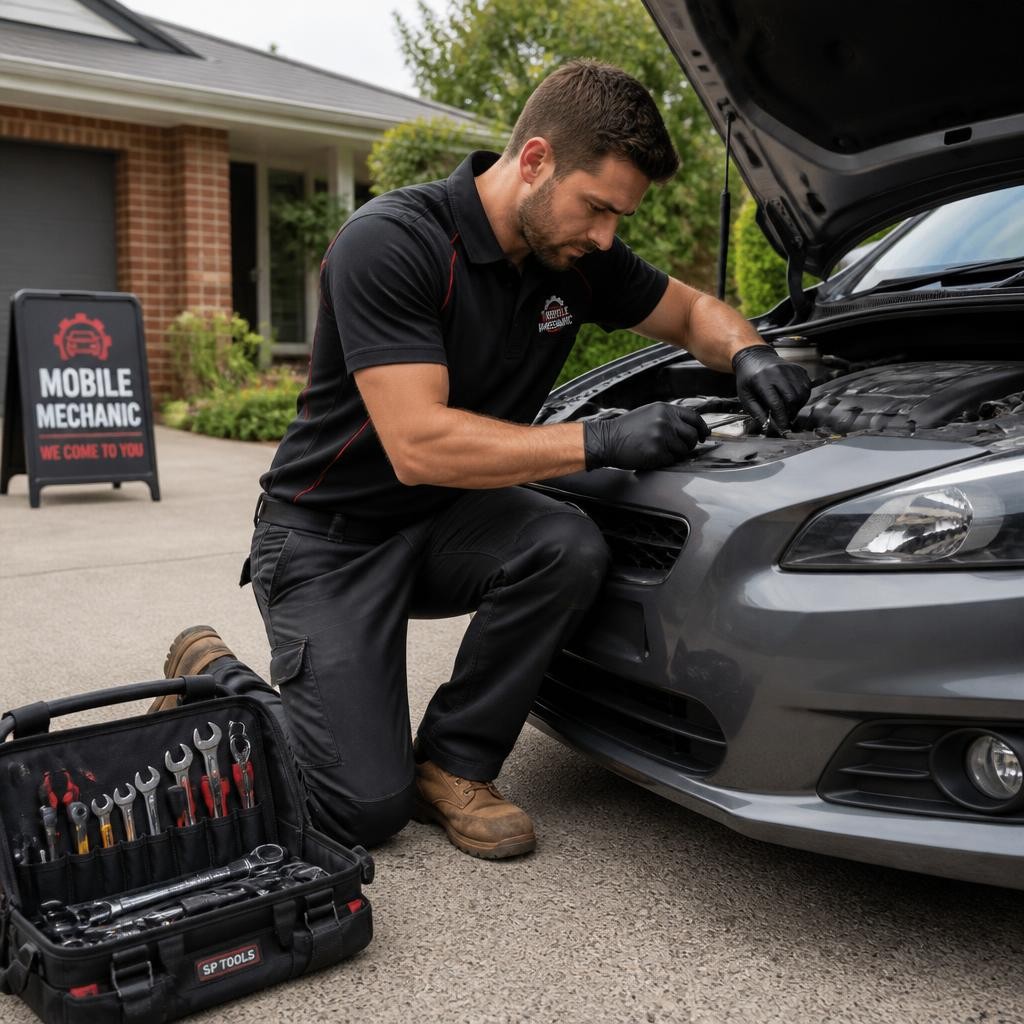 Mechanic completing onsite car repairs at a Melbourne home