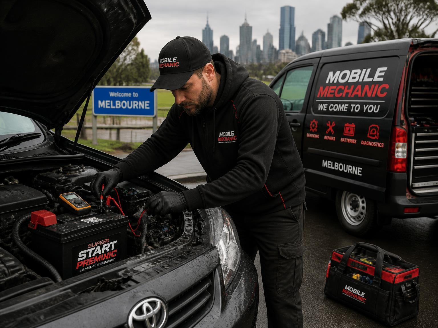 Mobile mechanic carrying out on-site car repairs