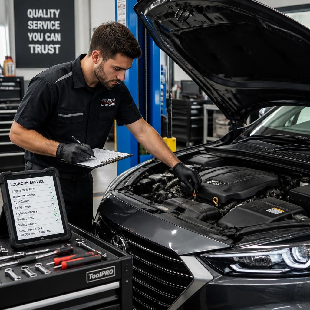 Mechanic performing a logbook car service