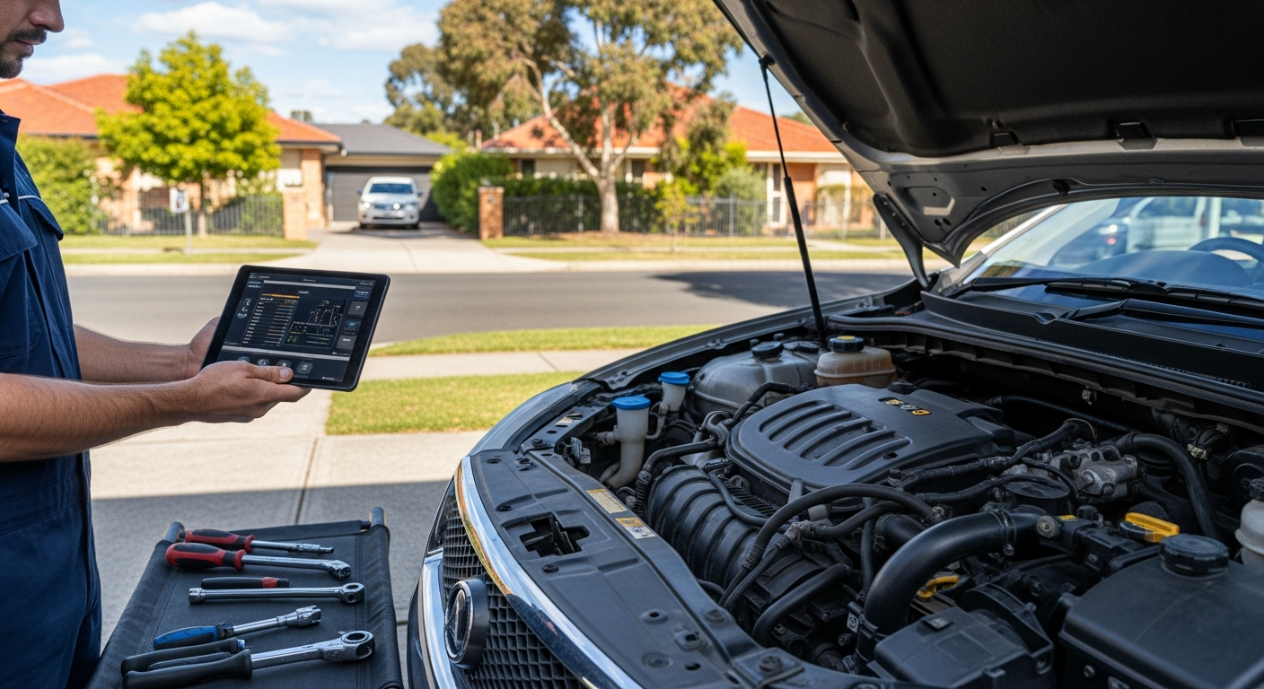 Mechanic diagnosing car at driveway