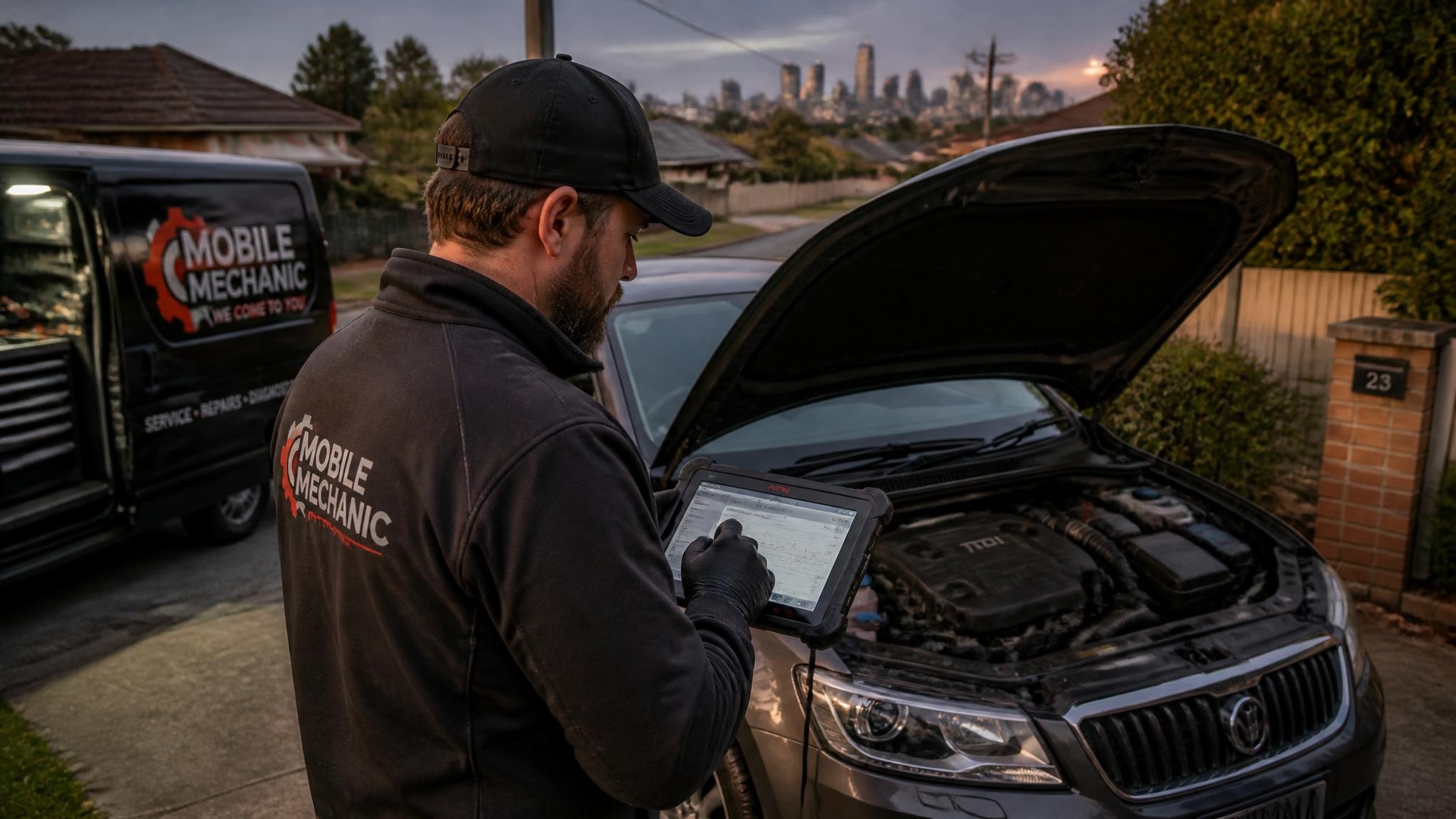 Mobile mechanic performing on-site vehicle diagnostics in Melbourne