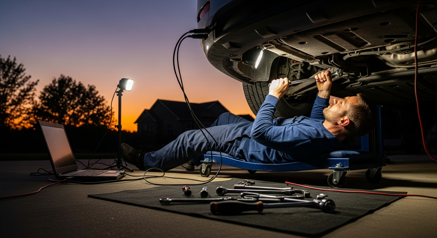 Mobile mechanic diagnosing suspension