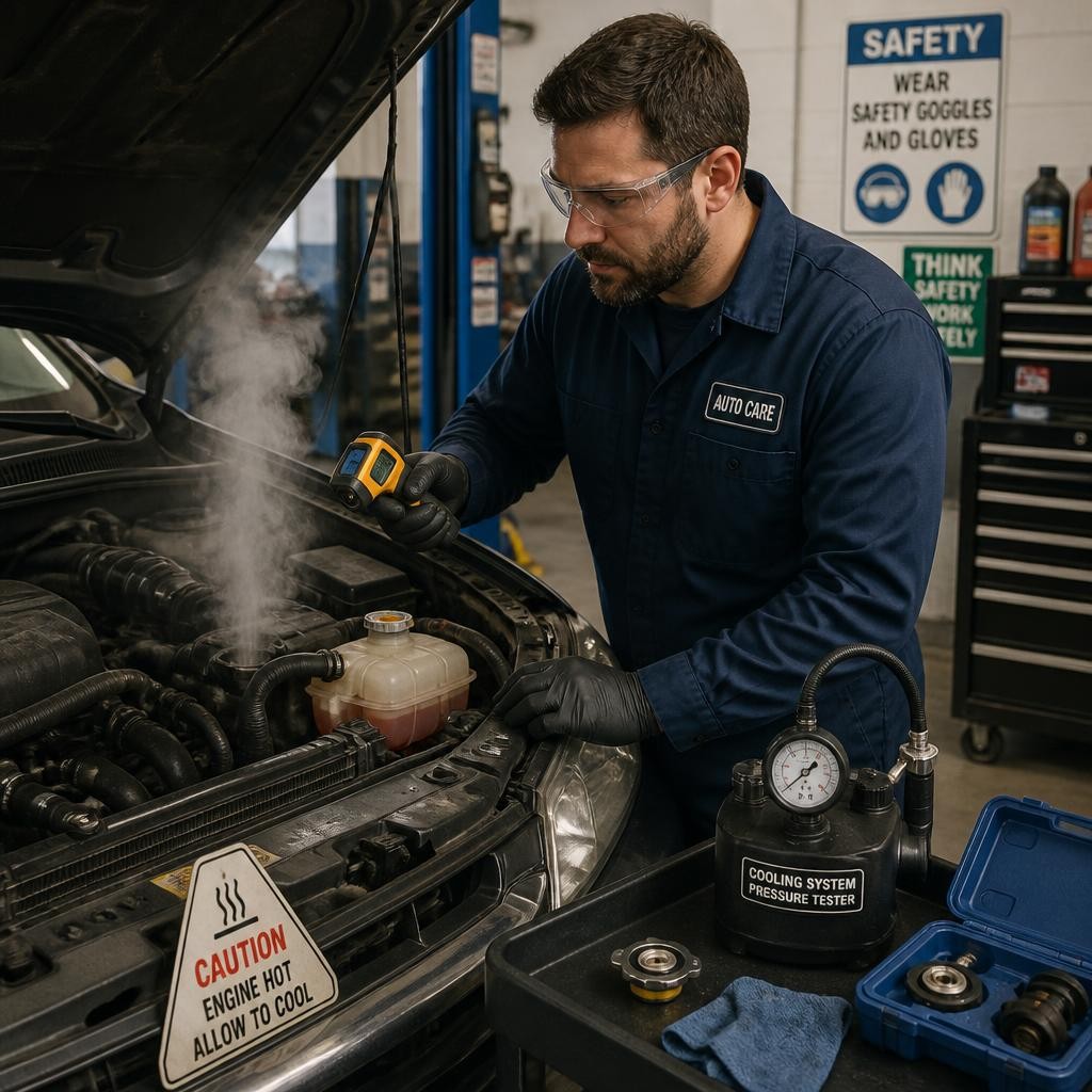 Mechanic inspecting an overheated car engine