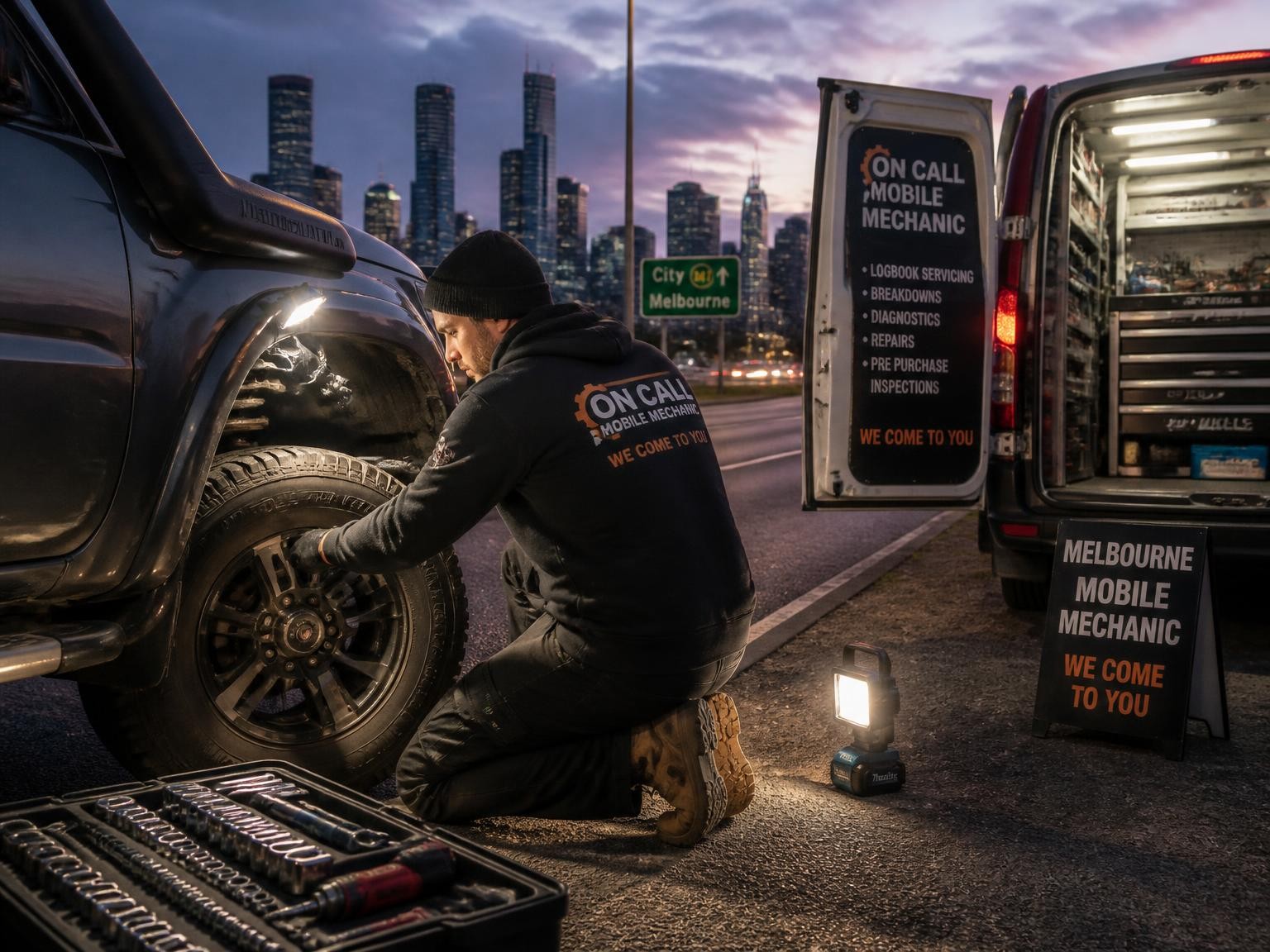 Emergency roadside car repair by a mobile mechanic