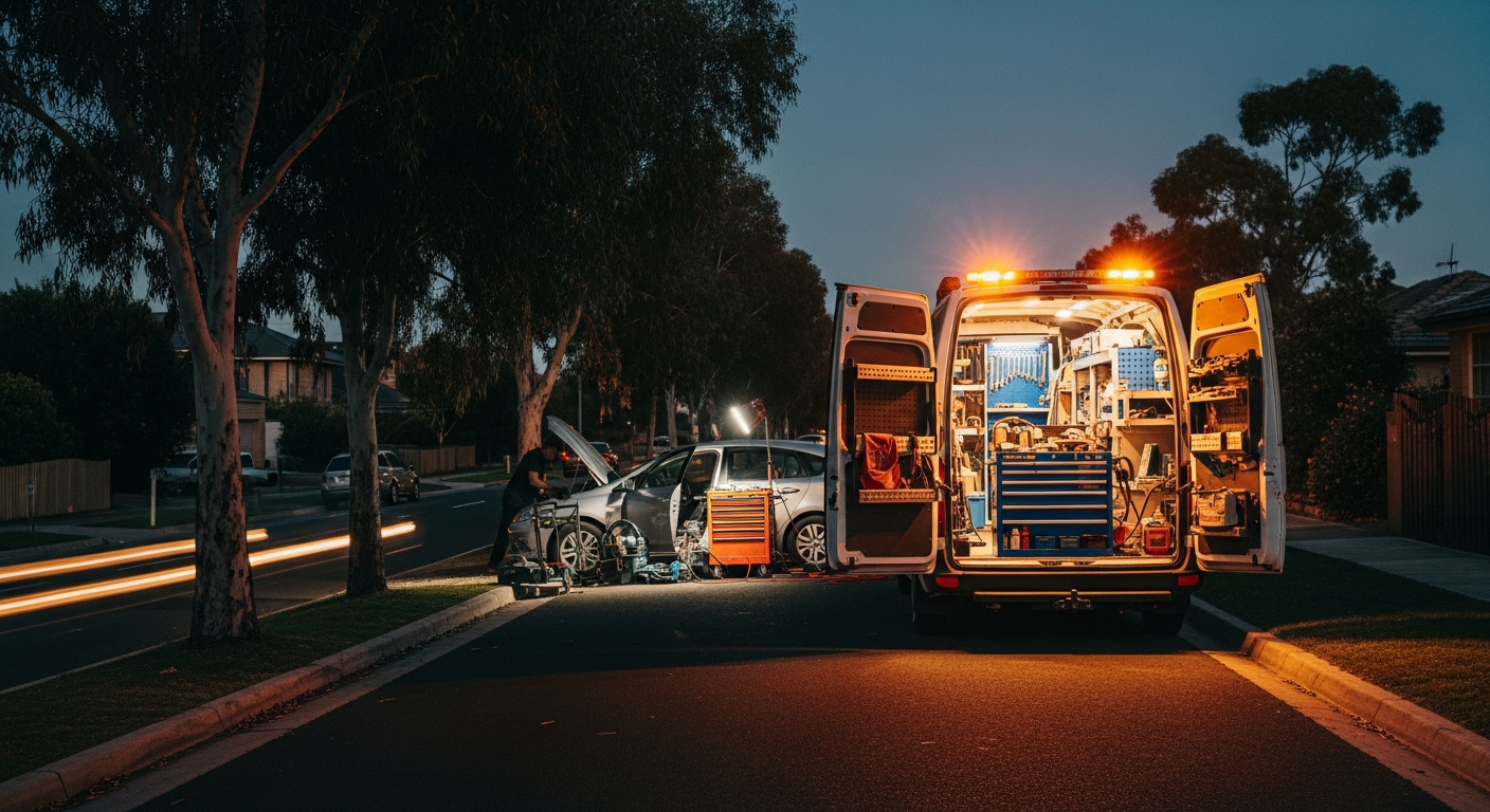 Mobile mechanic van at night