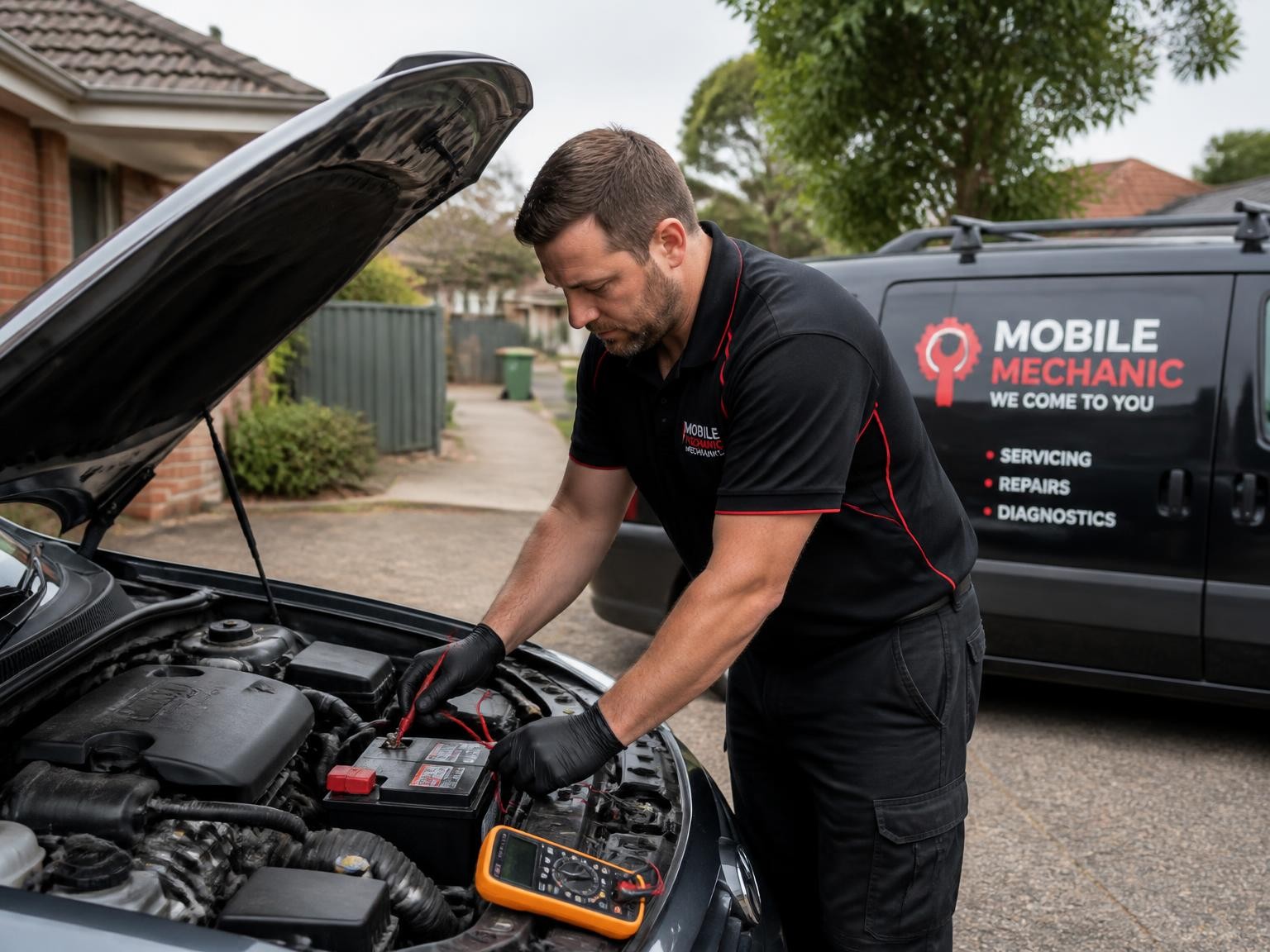 Mobile mechanic checking a vehicle battery in Melbourne