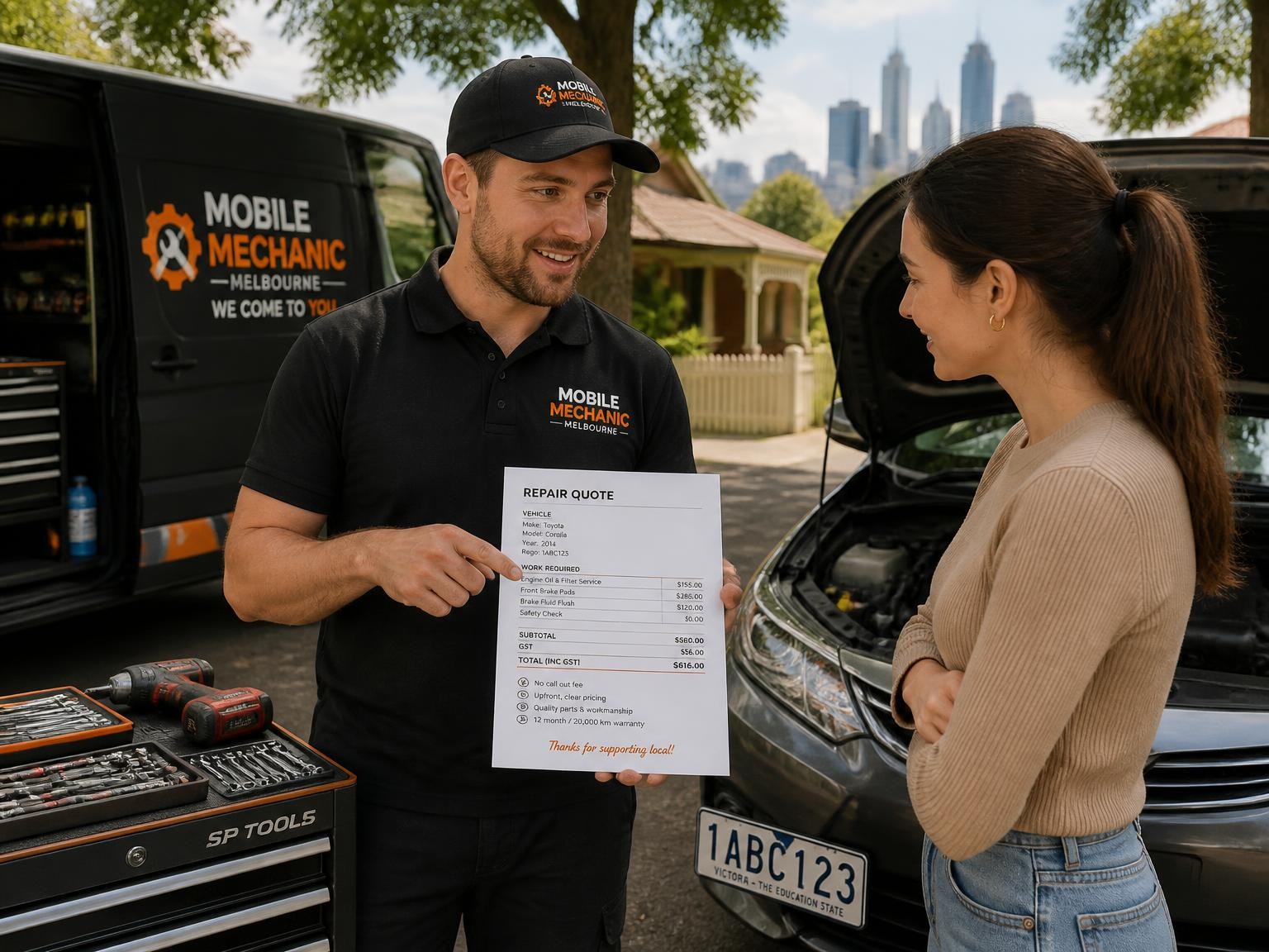 Mobile mechanic explaining upfront car repair pricing to a customer