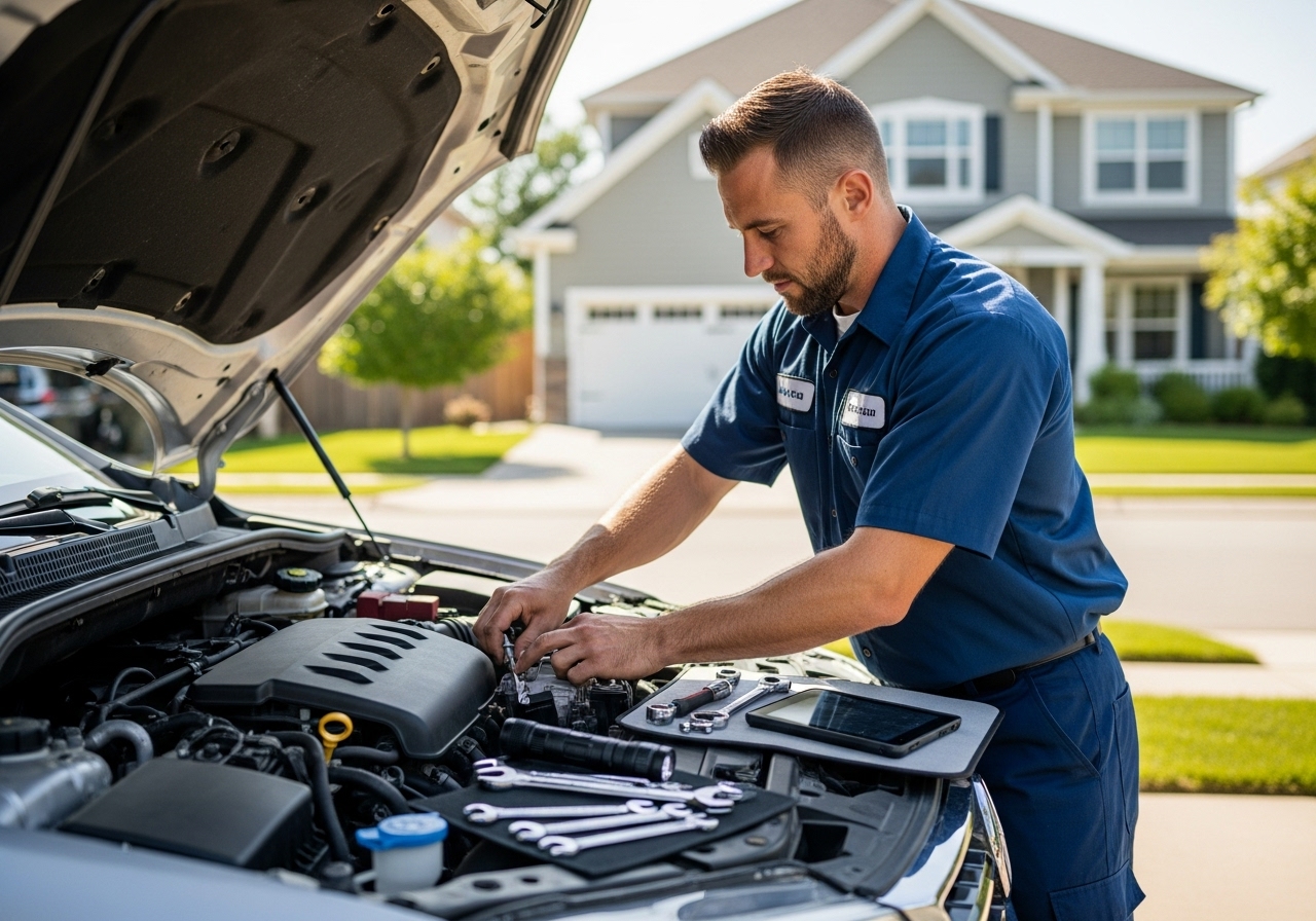 Mobile Mechanic Working on Car in Driveway