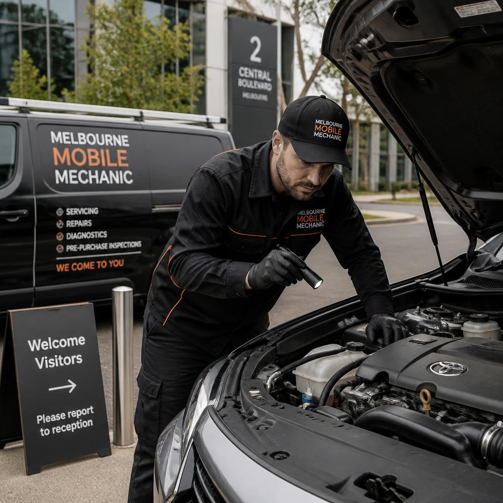 Mechanic inspecting a car during a mobile service