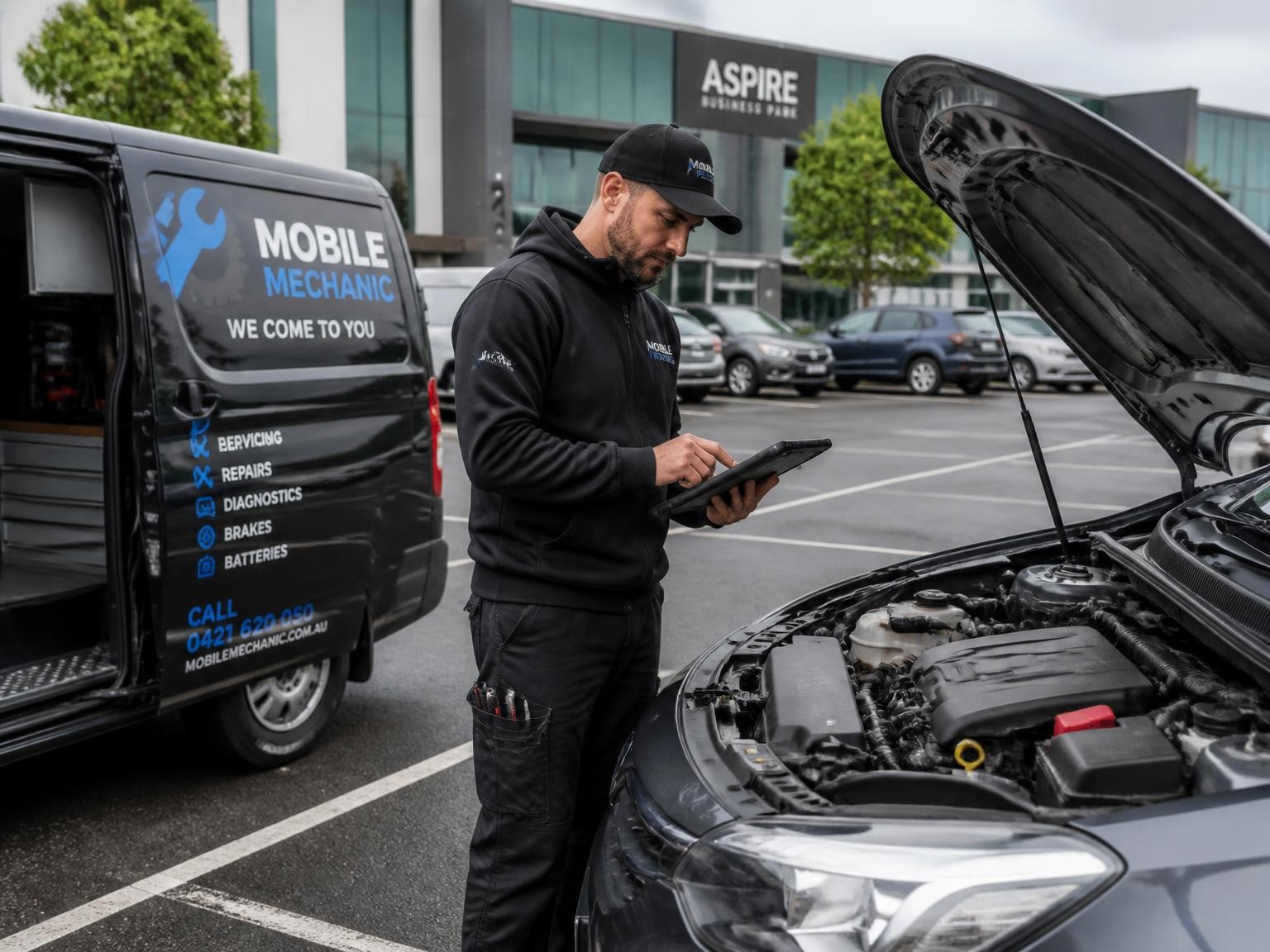 Mobile mechanic servicing a car at work in Melbourne