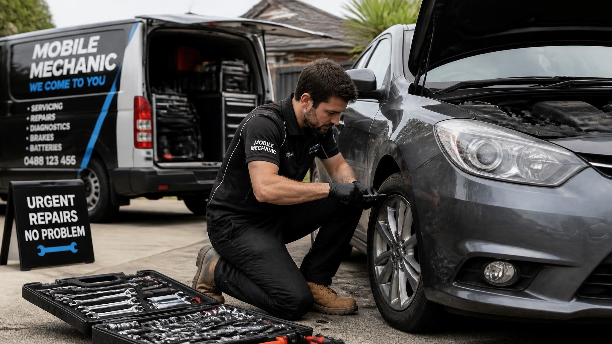 Mobile mechanic open today in Melbourne performing an on-site car repair