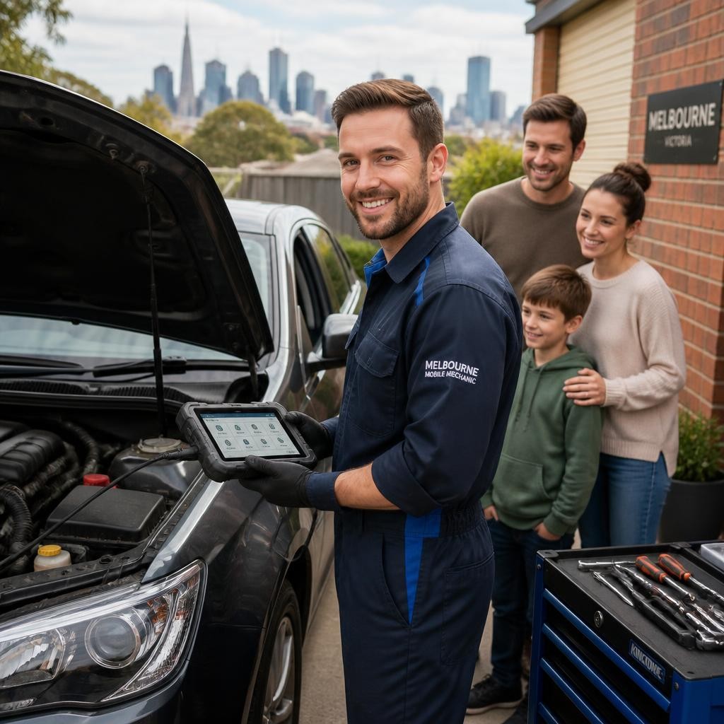 Mobile auto mechanic carrying out vehicle diagnostics in Melbourne