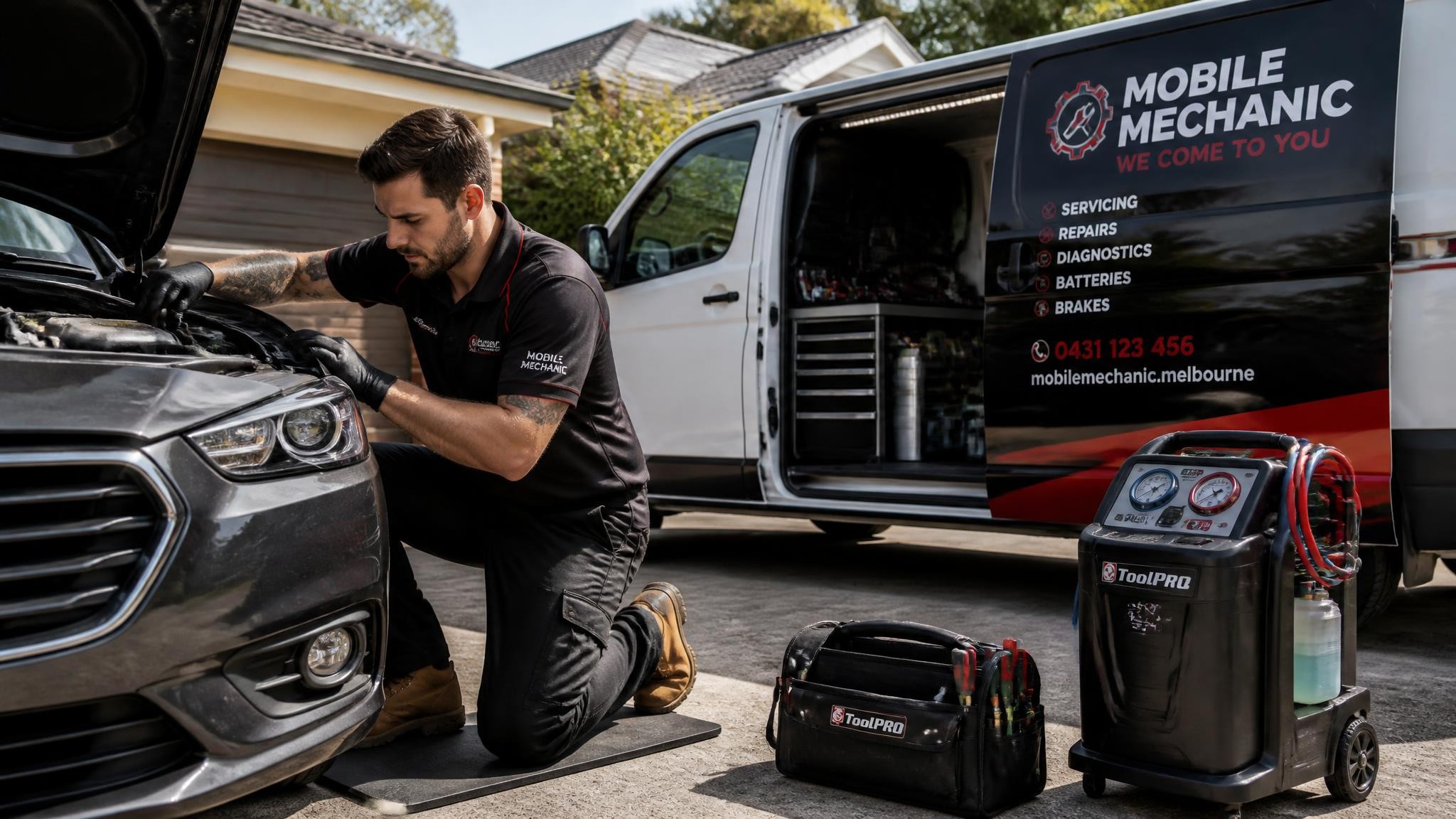 Portable car service Melbourne mechanic servicing a vehicle at home