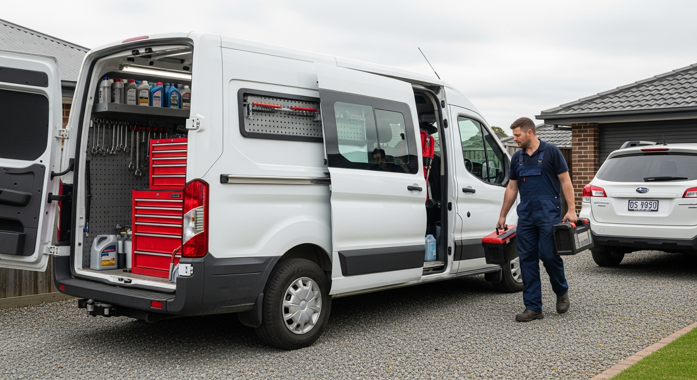 Mobile mechanic van in driveway