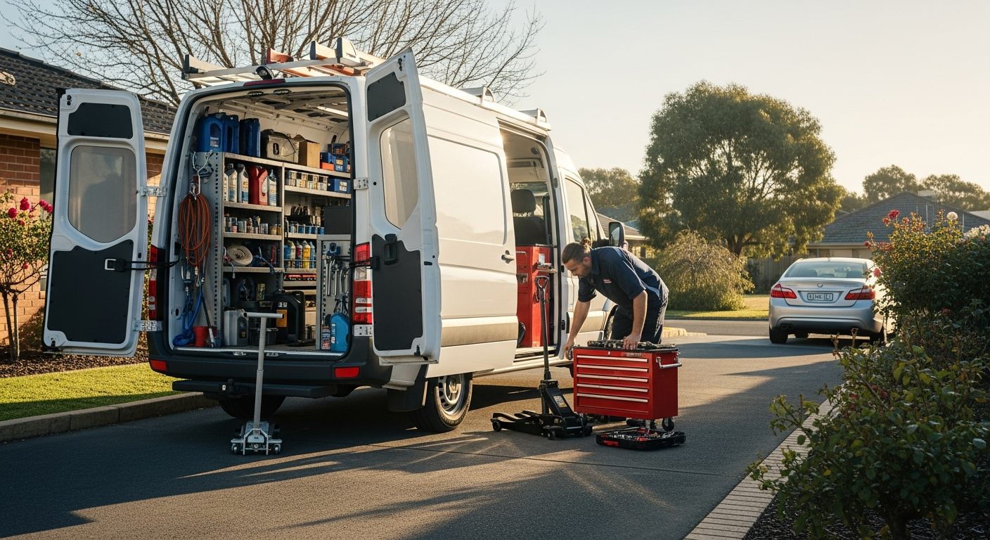 Mobile mechanic van in driveway