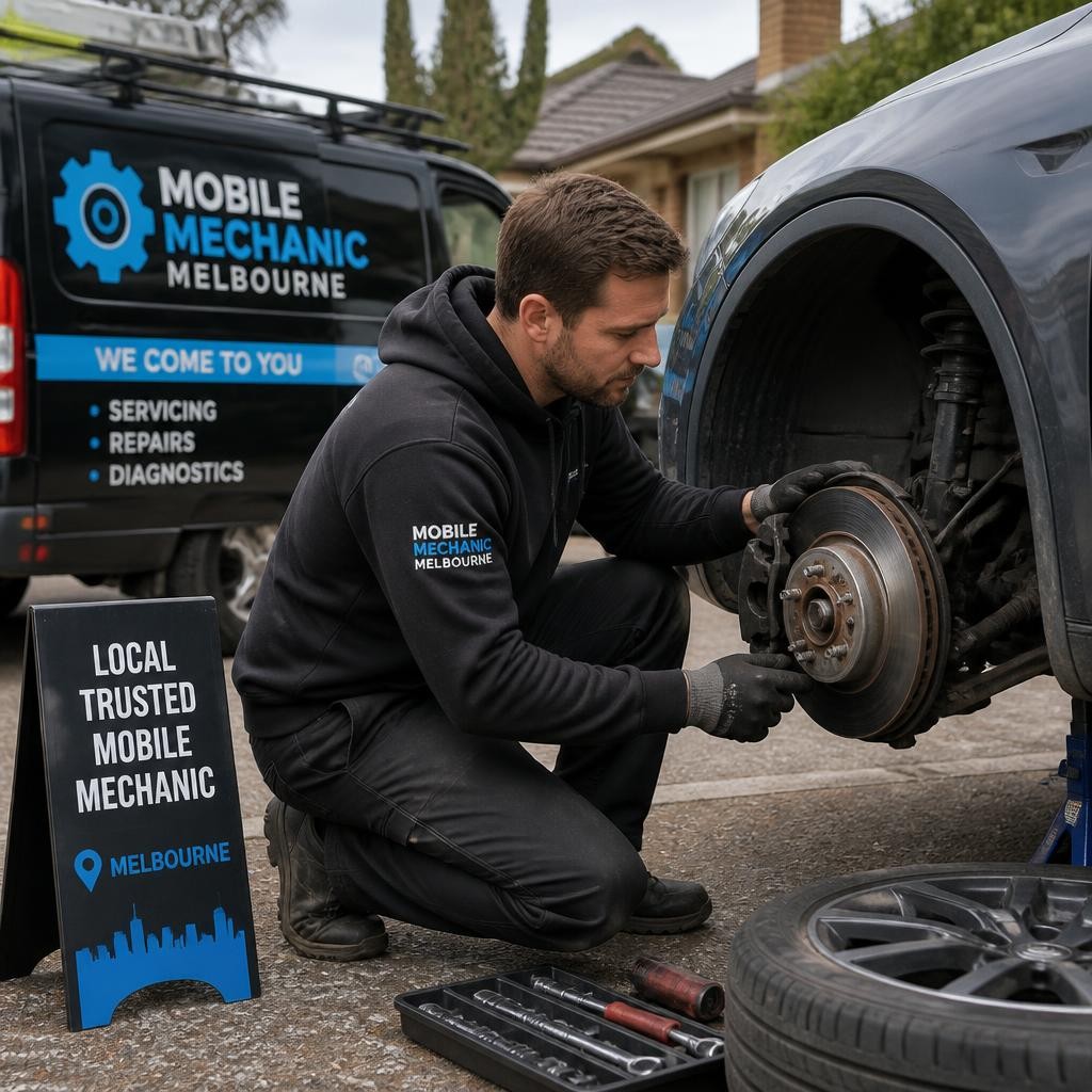 Mobile mechanic inspecting car brakes onsite