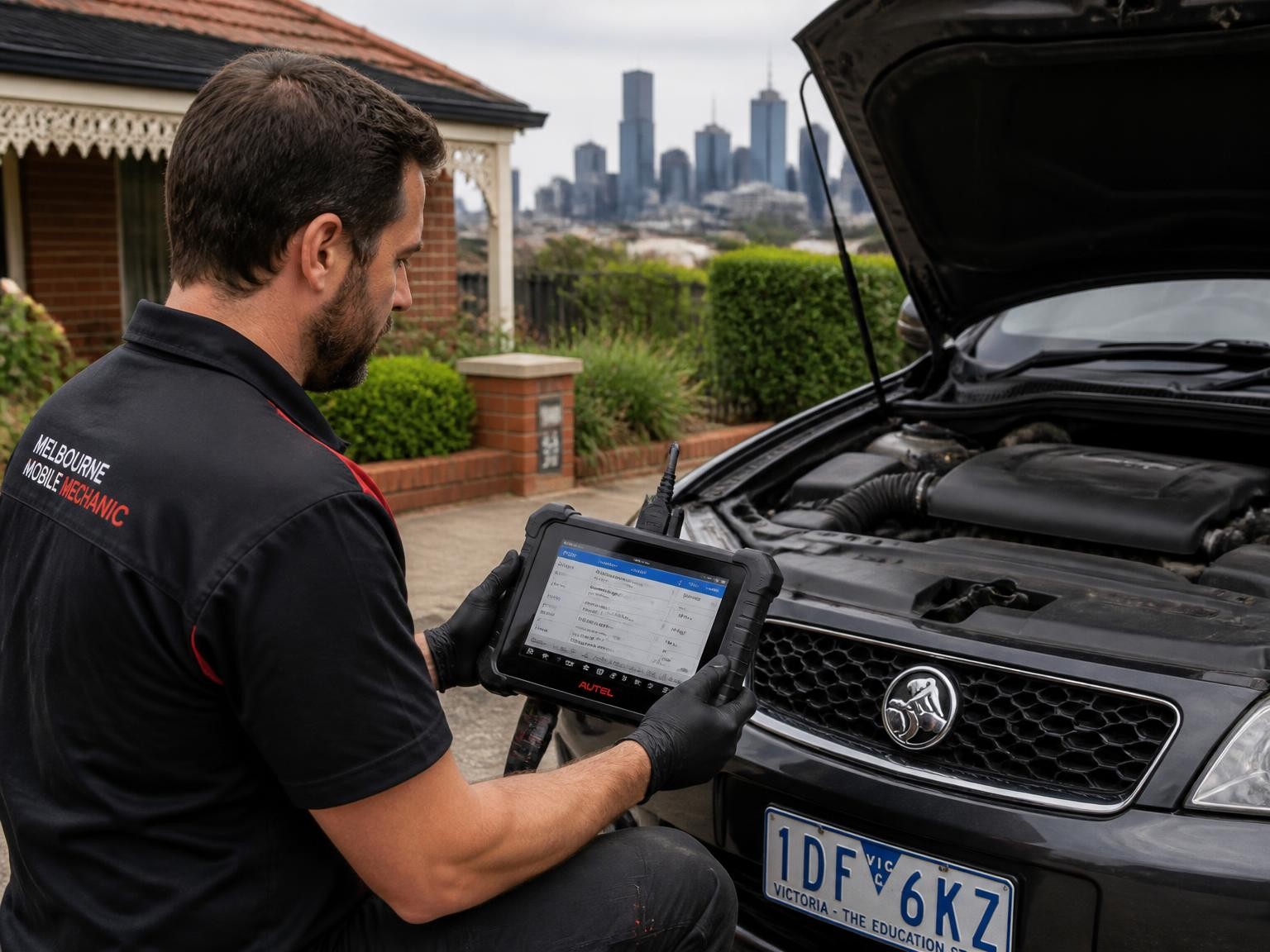 Mobile mechanic diagnosing a vehicle onsite