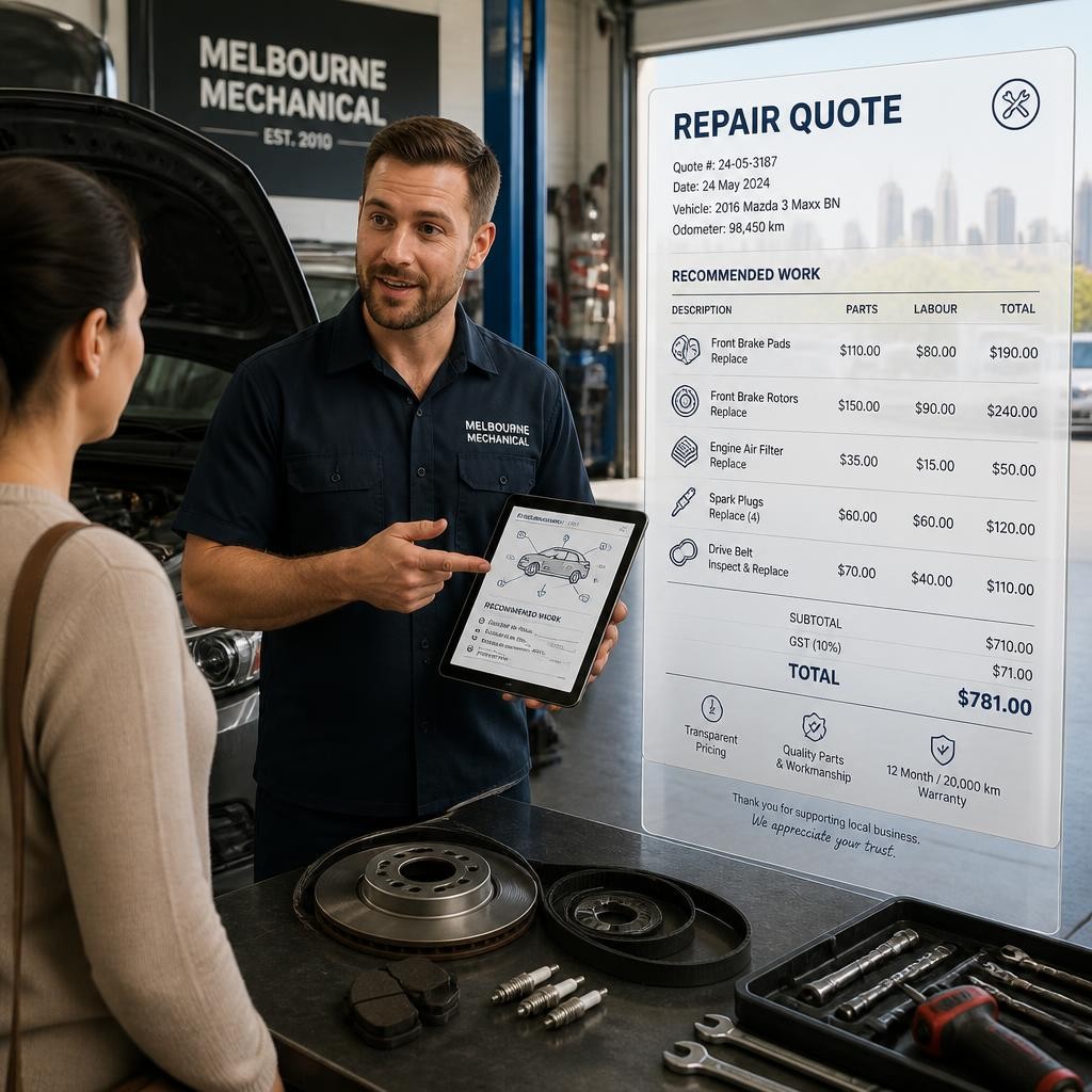 Mobile mechanic explaining transparent car repair pricing
