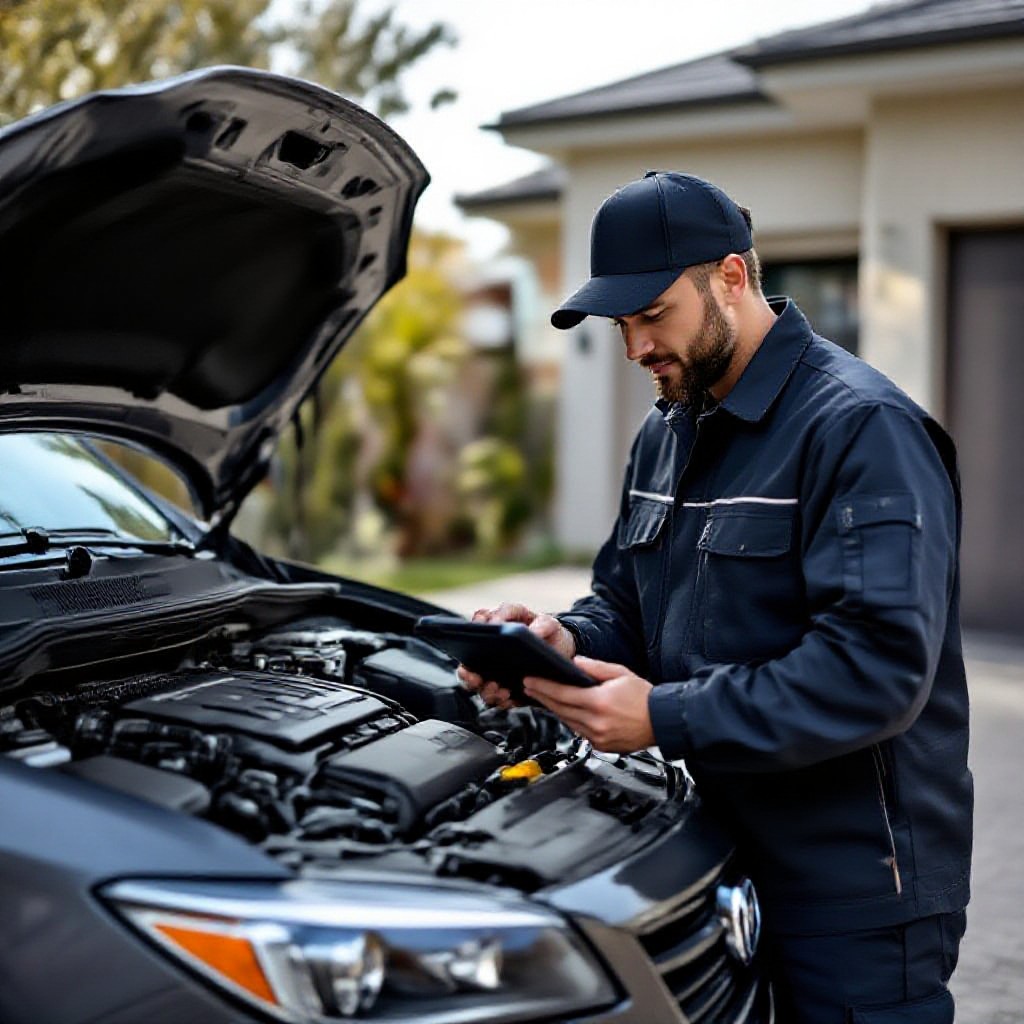 Mobile mechanic diagnosing car