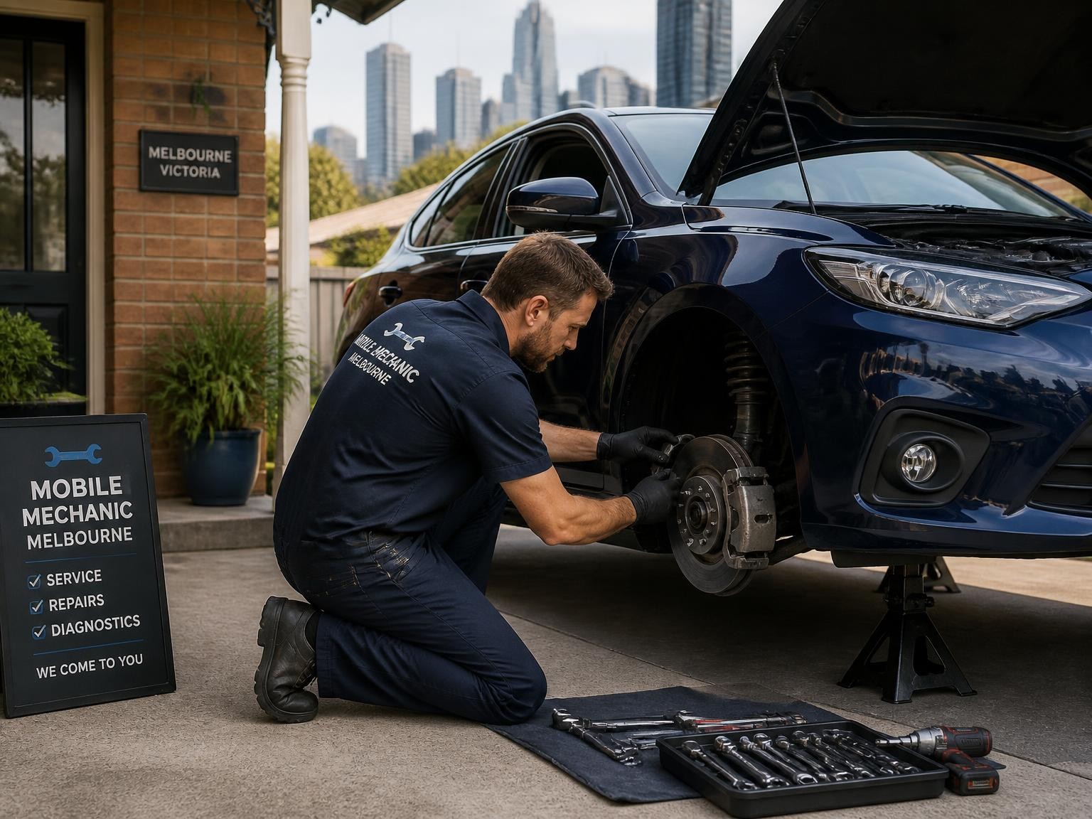 Mechanic completing a mobile car repair at a Melbourne home