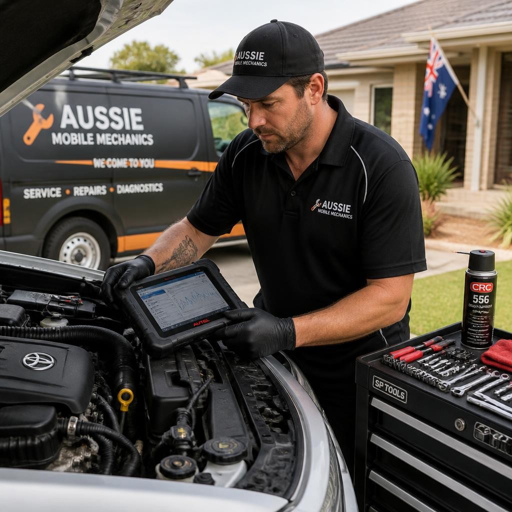 Mobile mechanic carrying out vehicle diagnostics onsite in Melbourne
