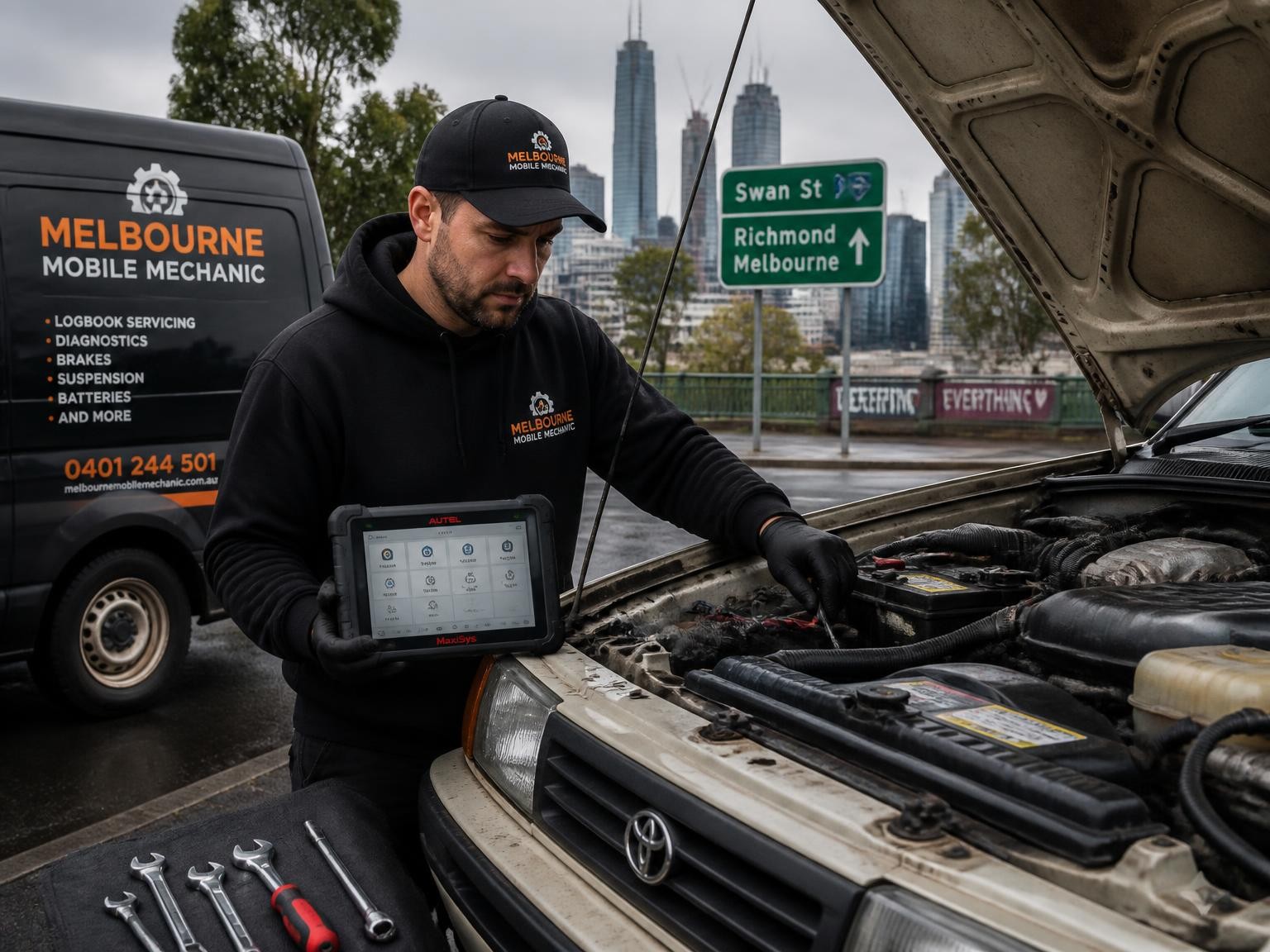 Mobile mechanic diagnosing an older car onsite