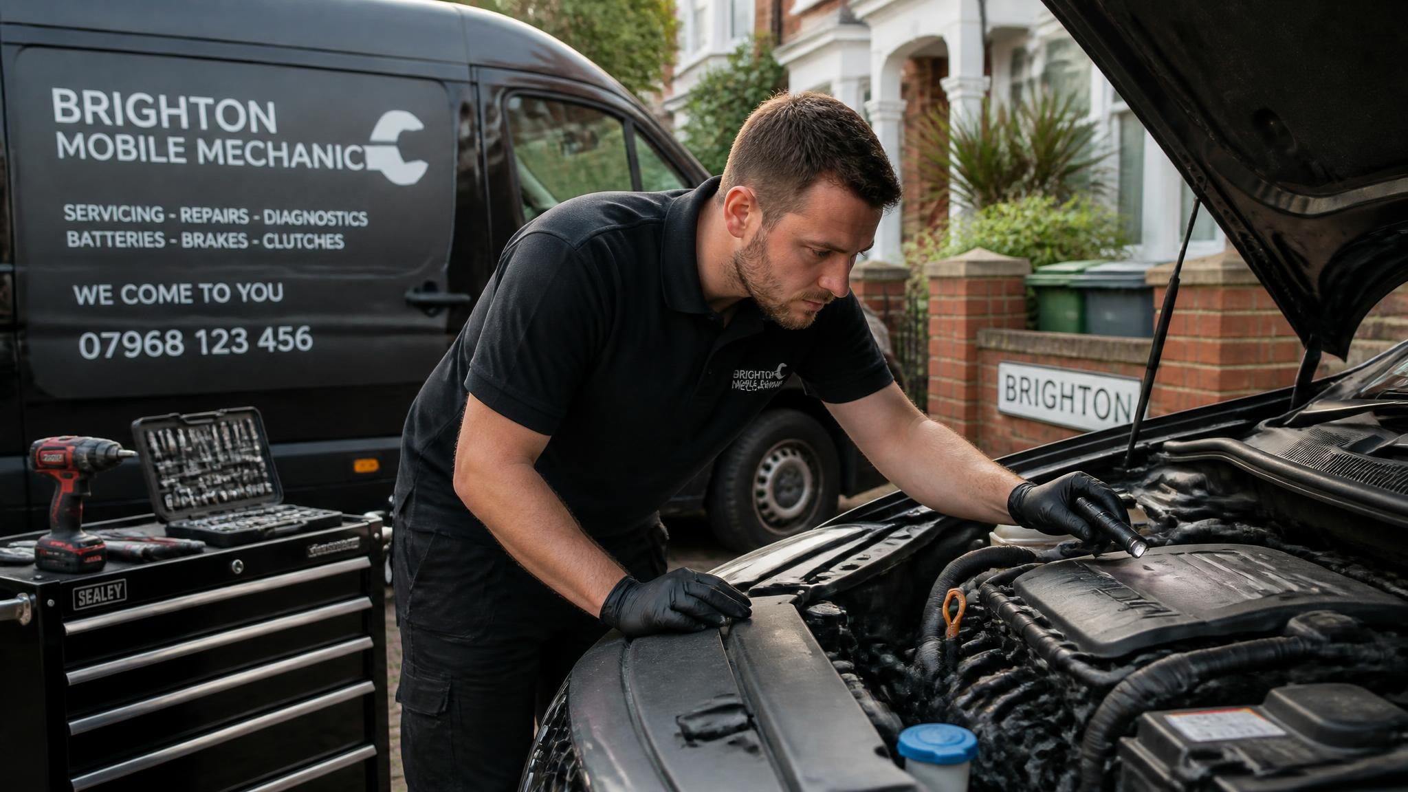 Mobile car mechanic in Brighton working on a vehicle