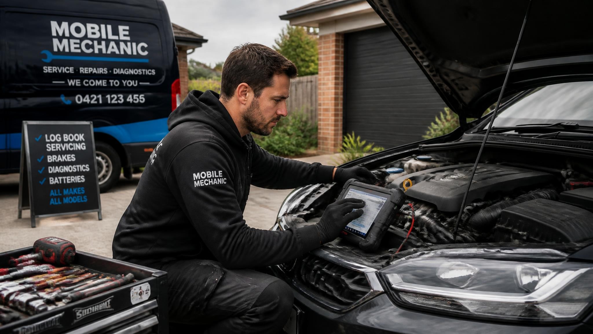 Mobile car repair mechanic working at a Melbourne home