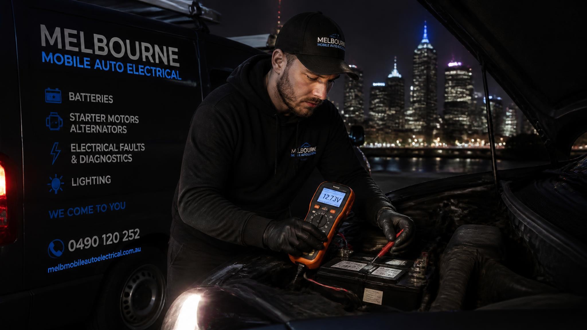 Car mobile electrician performing on-site auto electrical diagnostics in Melbourne