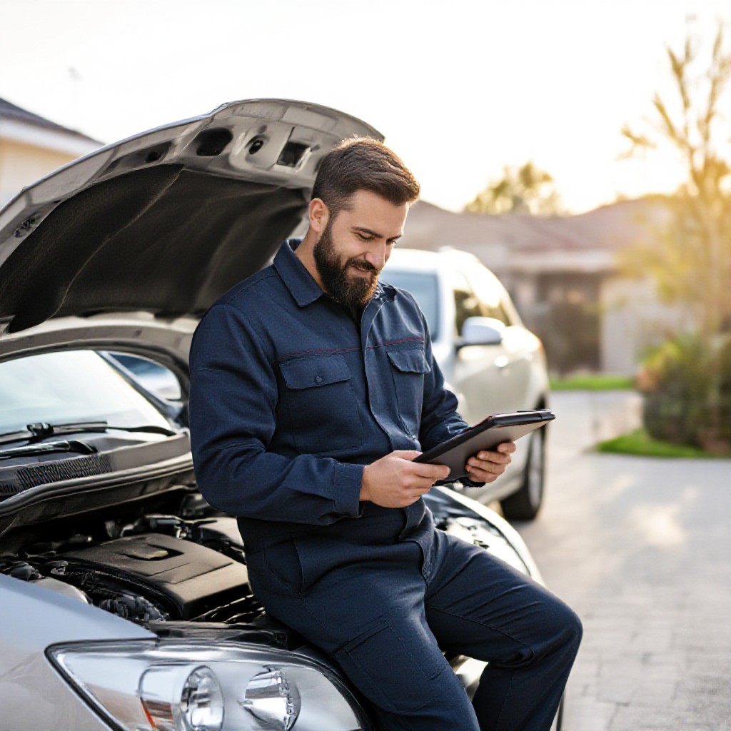 Mechanic diagnosing engine