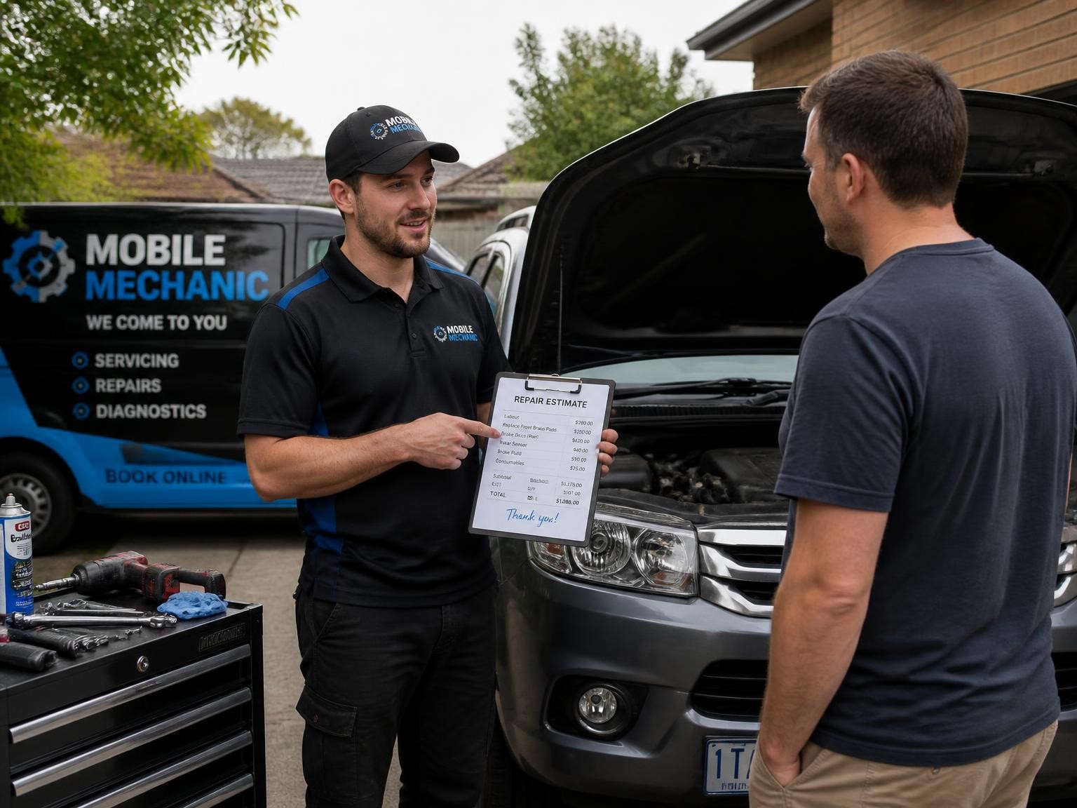 Mobile mechanic explaining transparent repair pricing to a customer