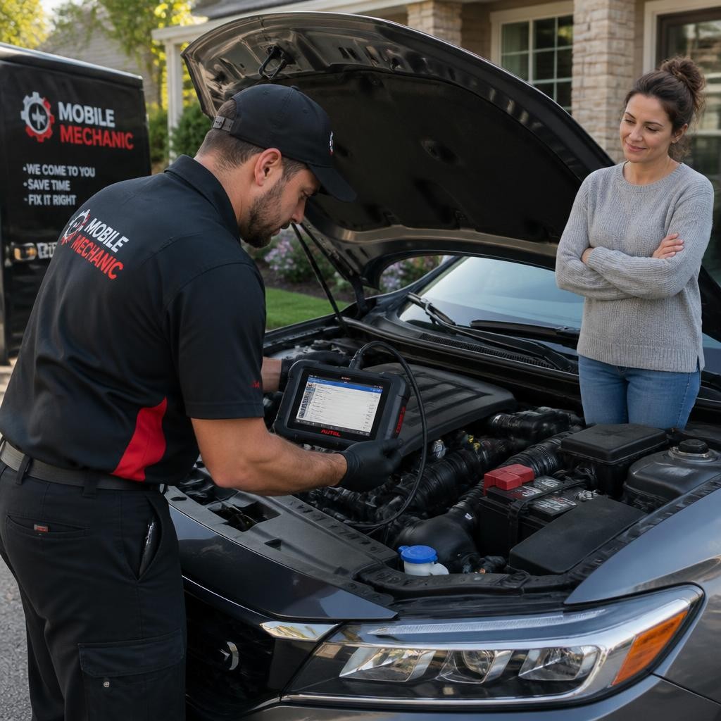 Mechanic diagnosing a vehicle before carrying out a car repair